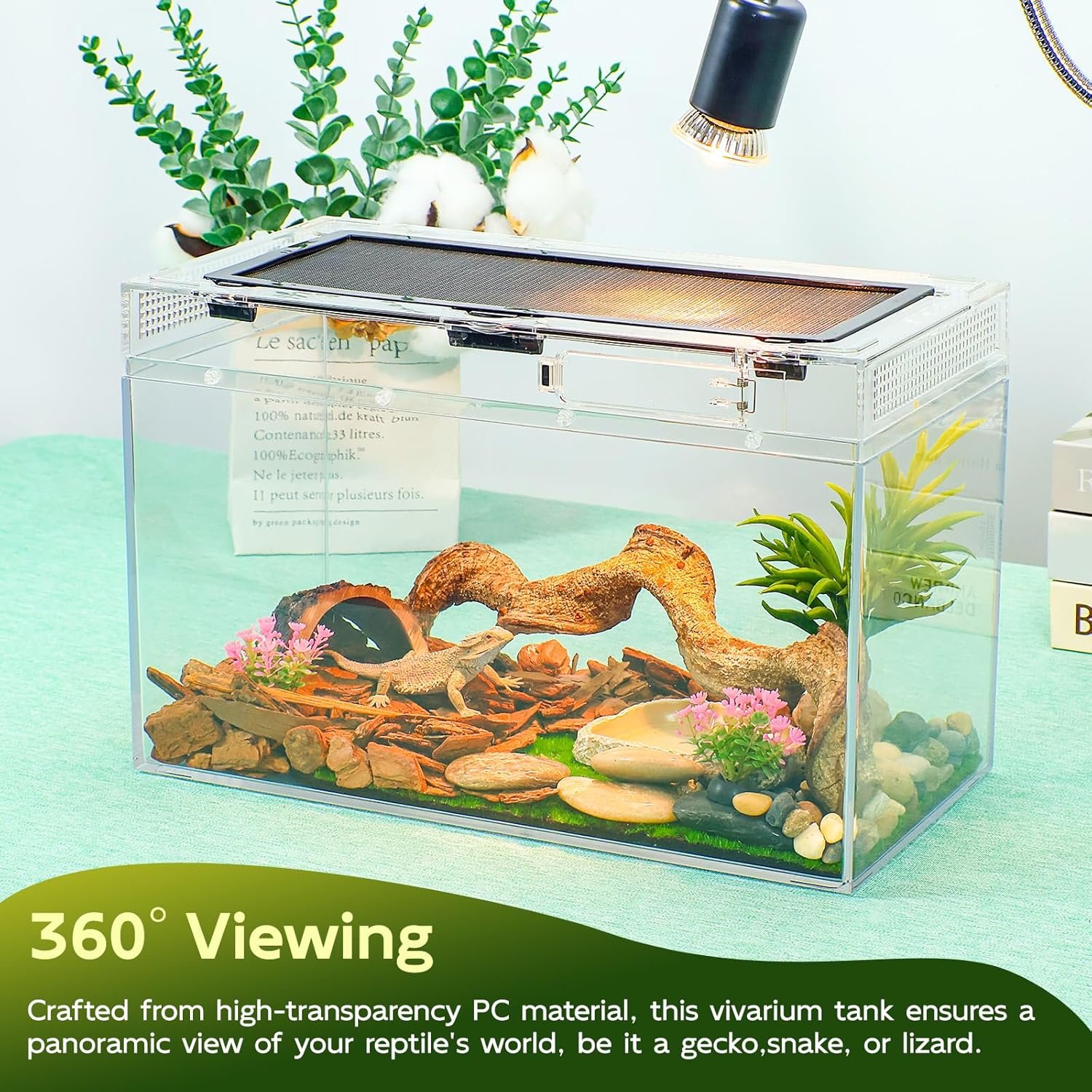 16×10×8'' Reptile Terrarium Kit with Heat Lamp & Hideout for Geckos, Snakes | Complete kit includes spray bottle, shovel, tweezers, food bowl, hideout; ideal for lizards, turtles, spiders, frogs, crabs - Image 4