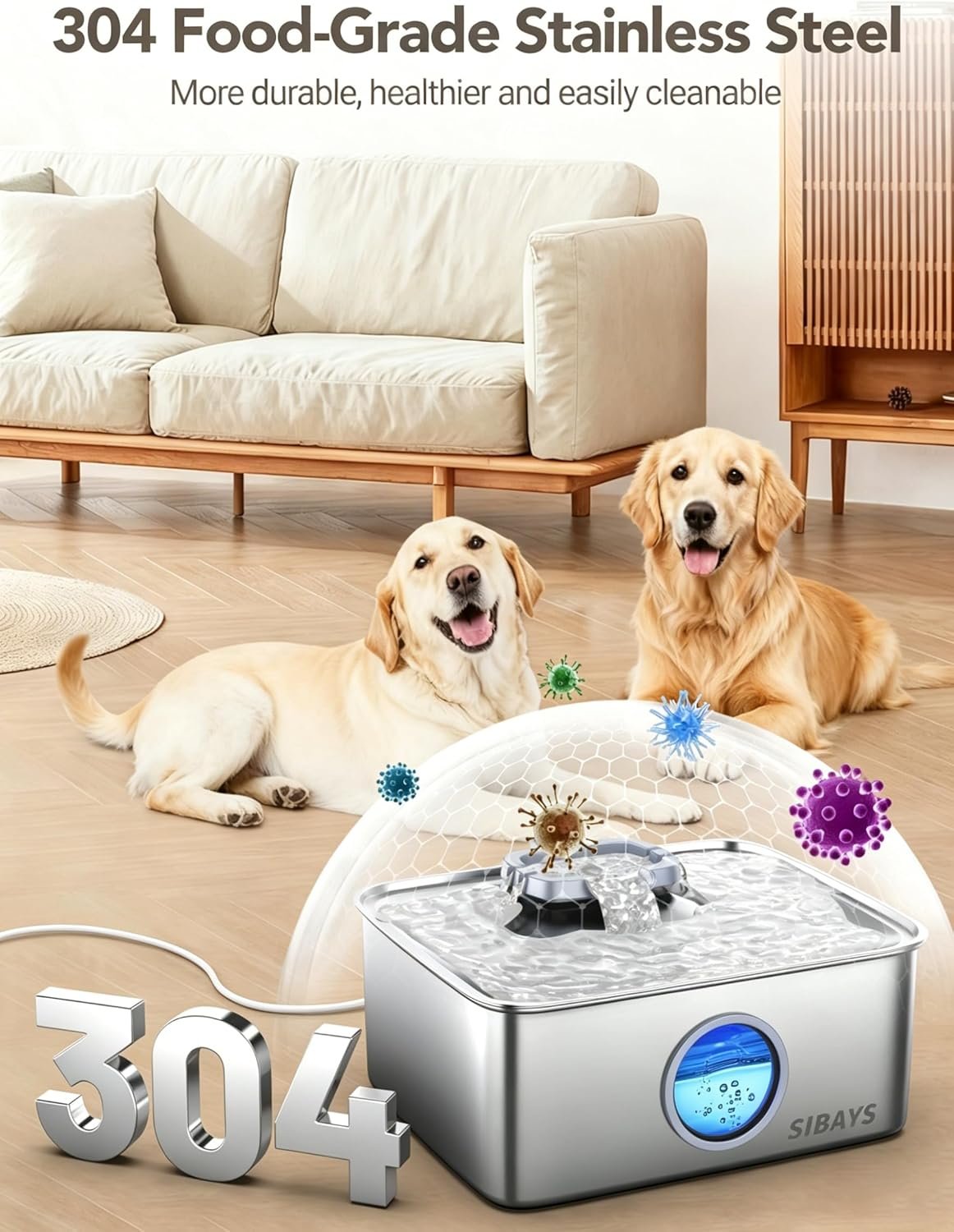 SIBAYS 4Gal/15L Dog Water Fountain, Stainless Steel Large Capacity Pet Water Fountain with Water Level LED Light, Automatic Quiet Dog Water Bowl Dispenser for Large Dogs & Multi-Pet Easy to Clean FS79 - Image 3