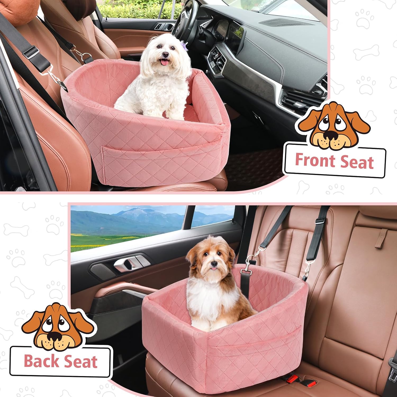 NEEZUKAR Dog Car Seat for Small Medium Dogs,Detachable Washable Dog Booster Seat Under 30lbs, Pet Car Seats Travel Bed with Storage Pockets and Safety Belt(Pink) - Image 6