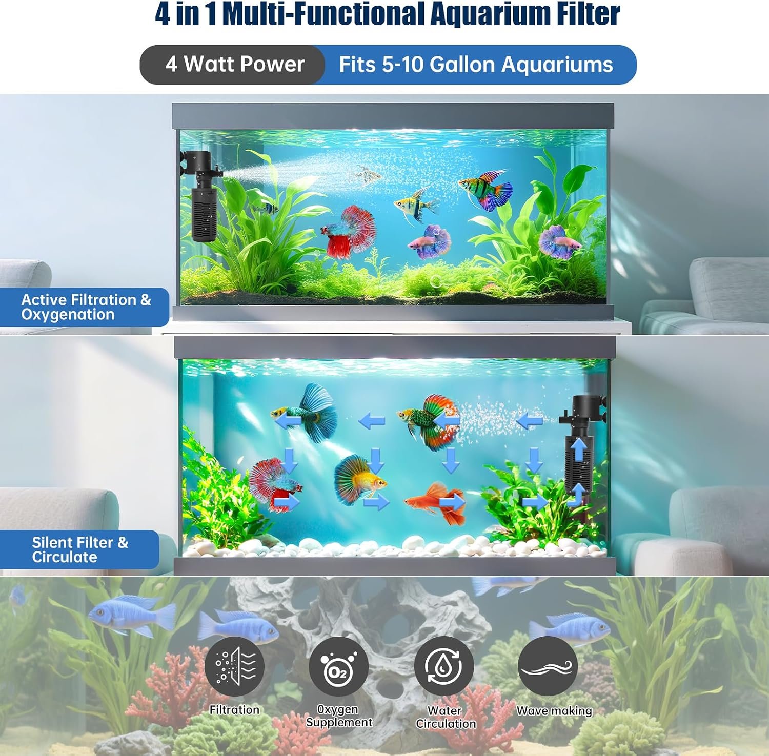 Aquarium Filter for 5-10 Gallon Tank – Ultra Quiet Submersible Filter Pump, 4W Energy Efficient, Adjustable Flow, Easy to Install, for Freshwater Fish and Small Aquariums - Image 7