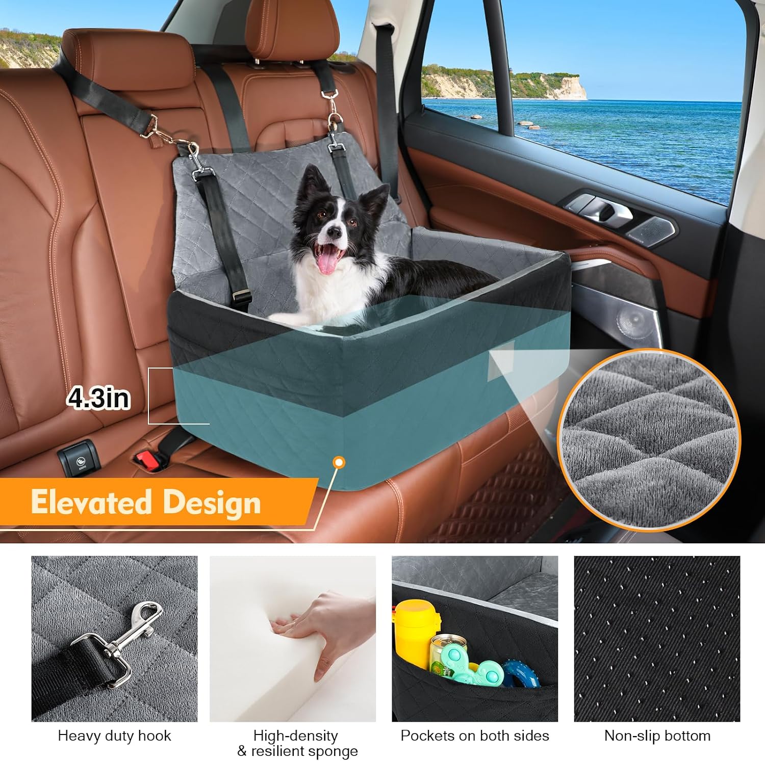 Dog Car Seat for Large Medium Dogs,Washable Pet CarSeat Under 55 lbs or 2 Small Dogs,Dog Booster Seat Travel Bed with Thick Cushion,2 Safety Leashes - Image 3