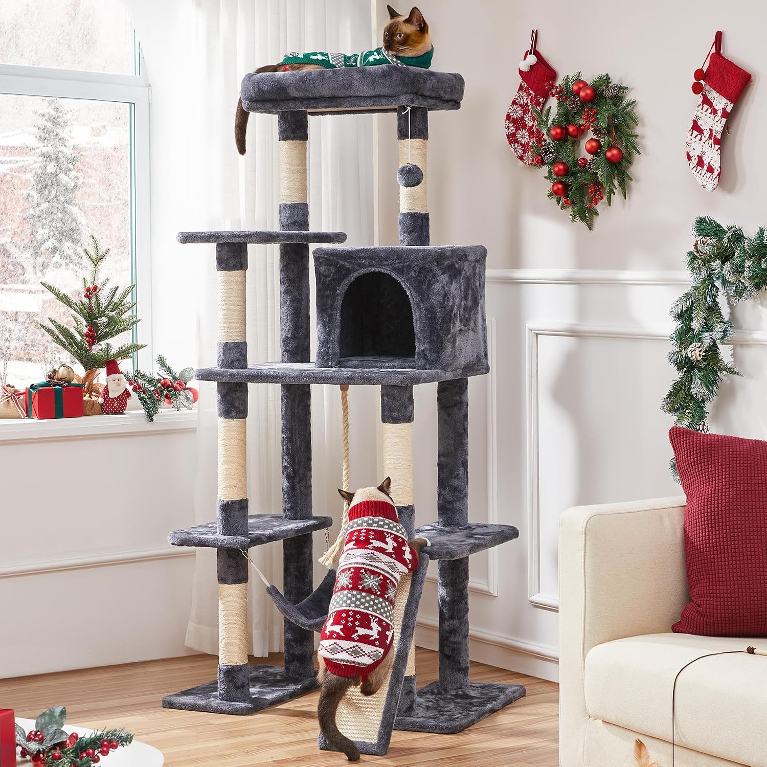 Yaheetech 63in Large Cat Tree for Heavy Cats up to 22lbs, Anti-Wobble Tower with Condo & Hammock, Space-Saving for Indoor Multi-Pet Households, Stops Furniture Scratching - Image 2