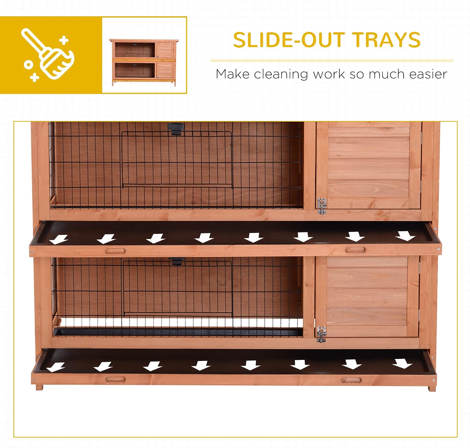 PawHut 54" 2-Story Large Rabbit Hutch Bunny Cage Wooden Pet House Small Animal Habitat with Lockable Doors, No Leak Tray and waterproof Roof for Outdoor/Indoor Orange - Image 5