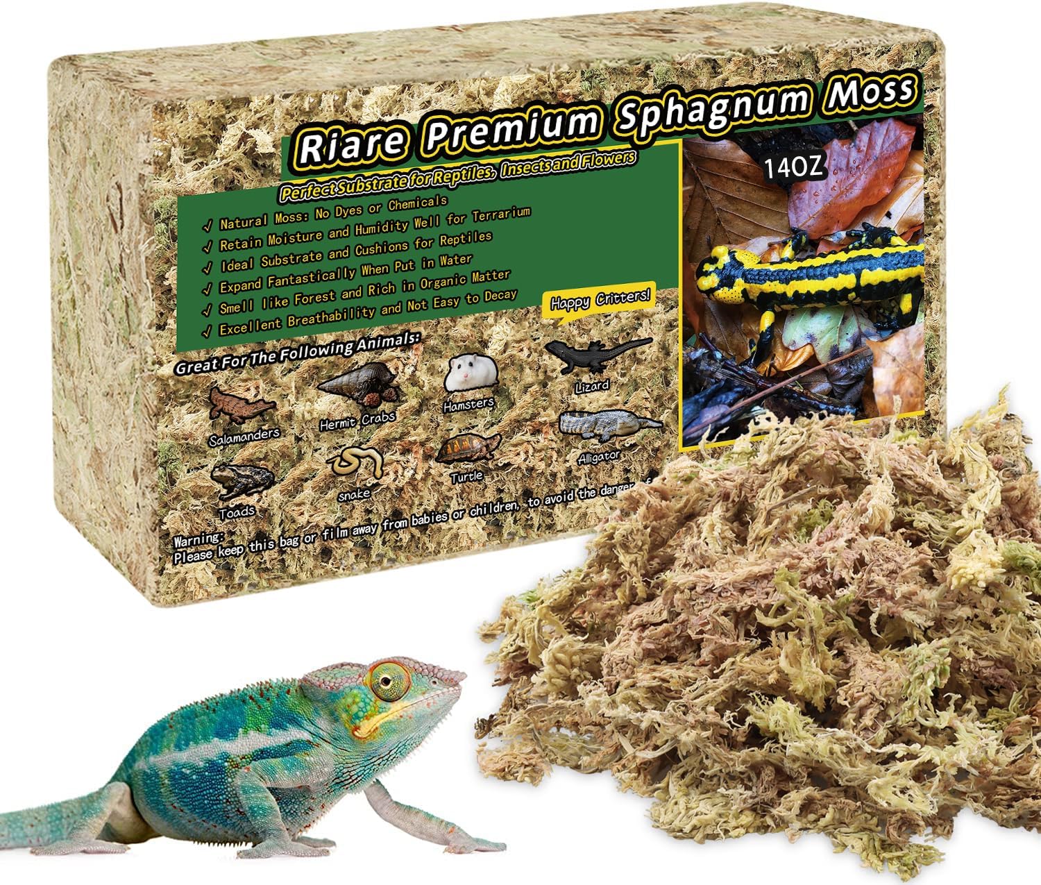 Riare 20QT Natural Sphagnum Moss for Reptiles 14OZ Terrarium Reptiles Moss | Dried Terrarium Moss Bedding for Snakes Turtles Frogs Geckos Ball Pythons Lepard Gecko Lizards Bearded Dragon & Humid Hides