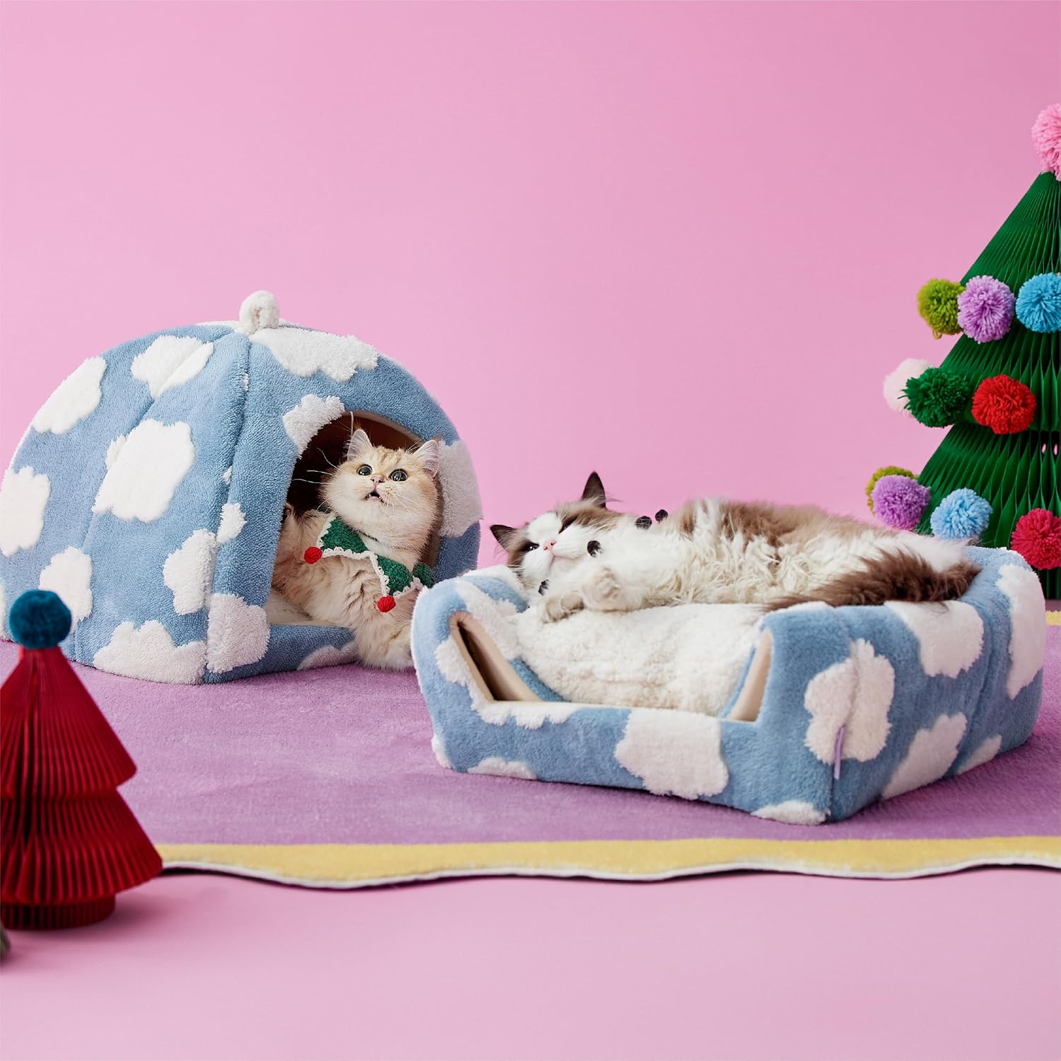 Lesure 2in1 Cute Cat House for Kitten with Washable Cushioned Pillow,16in | Cat Beds for Indoor Cats,Small Pet Cave Tent,Cozy Enclosed Foldable Hideaway,Fluffy Ball,Anti Slip Bottom,Hand Strap,Blue - Image 2