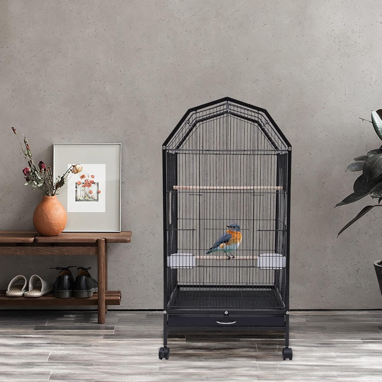 Birdcage Open Top 40 Inch Birdcages with Pull-Out Tray, Medium Small Bird Cage, Rolling Bird Cages with Wheels for Parakeets, Parrot, Cockatiel, Pigeon, Finch Cage for Birds(Black) - Image 8