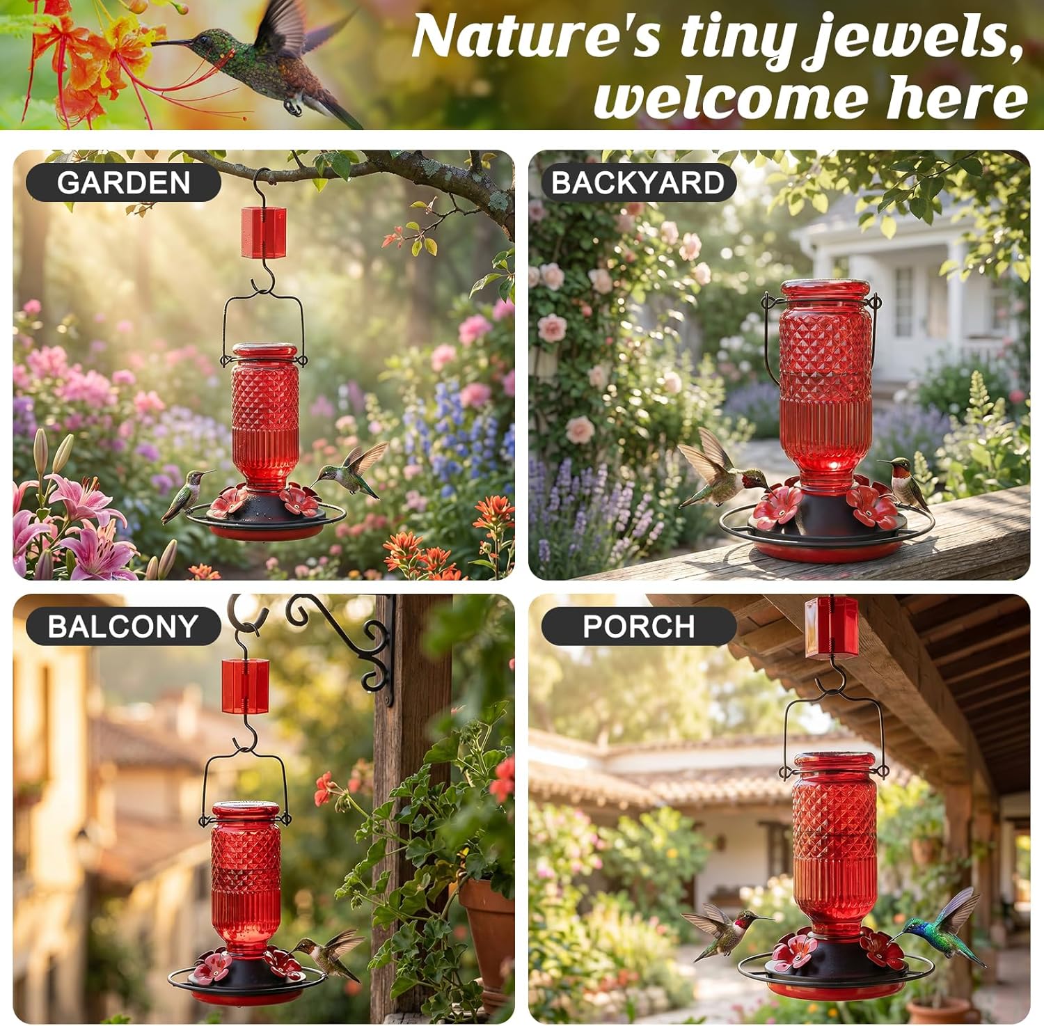FEED GARDEN Glass Hummingbird Feeder for Outdoors Hanging, 16 oz Leak-Proof Nectar Feeder with Bee Guards & Ant Moat, 4 Metal Flower Feeding Ports, 360° Perch Ring, Easy Refill & Clean, Red - Image 6