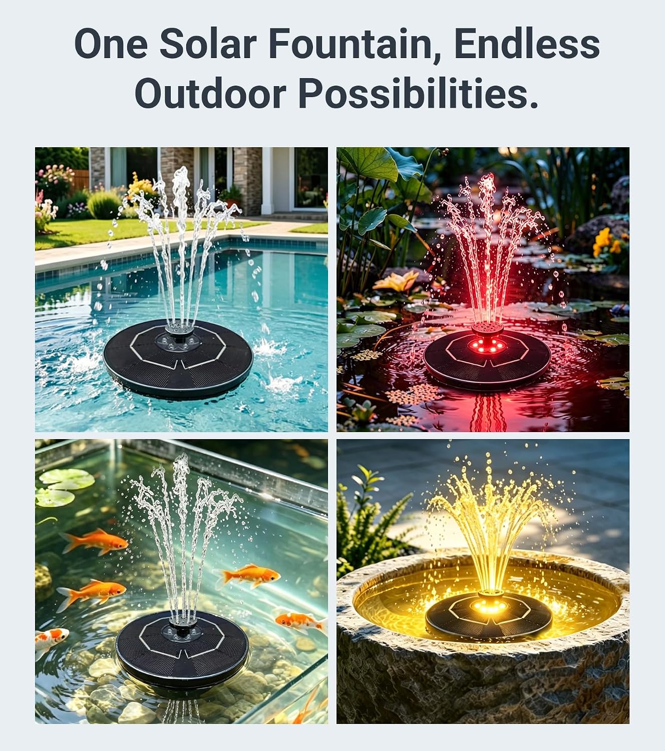 6.3" Solar Bird Bath Fountain with Color LED Lights | 9V/2W Solar Fountain Pump, 800mAh Battery Backup, 4 Fixed Rods 5 Spray Patterns for Birdbath Pond Patio Flowing Water Feature - Image 6