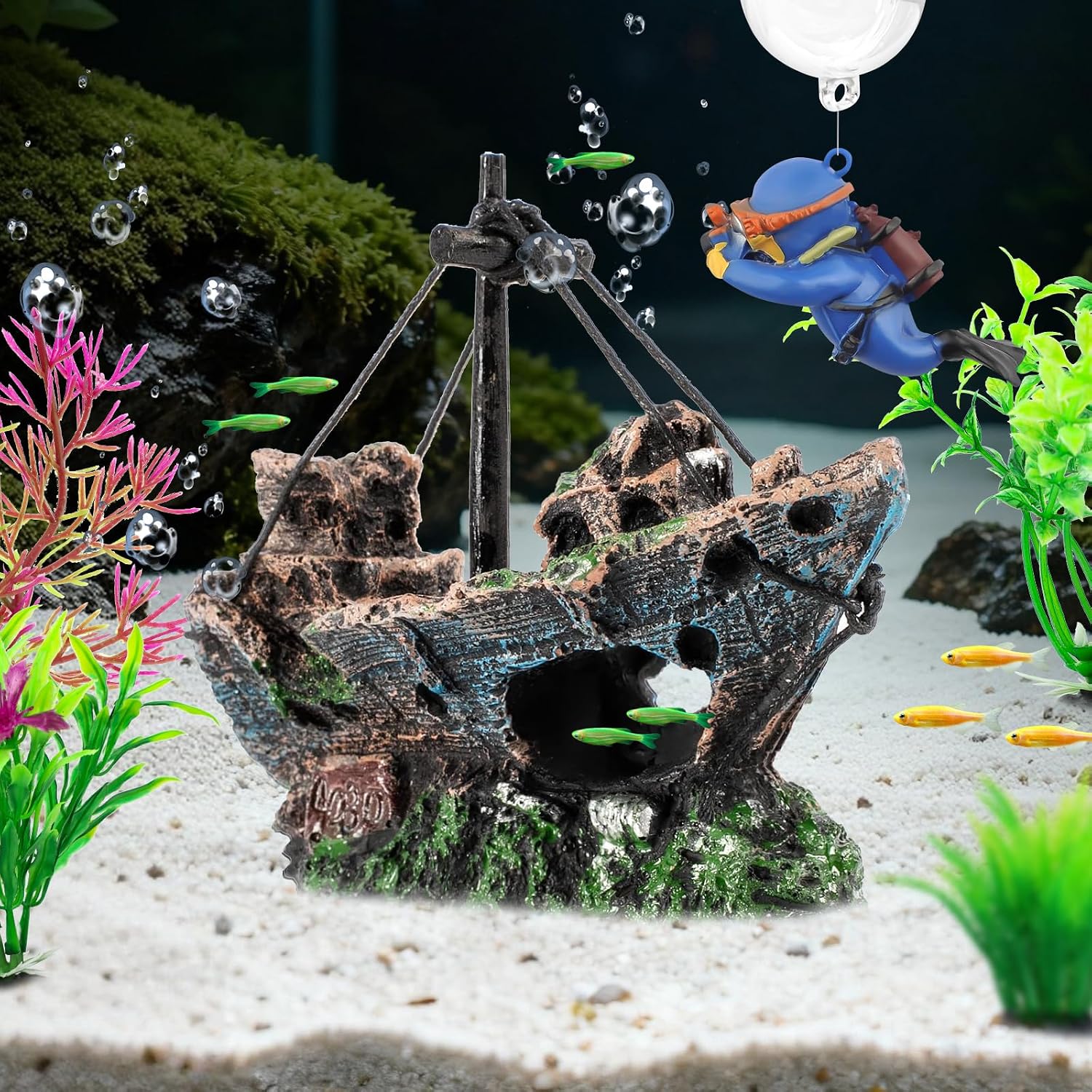 6 Pcs Aquarium Decor Set Shipwreck Decoration Little Diver Floating Fish Tank Decoration Fish Tank Plants - Image 5