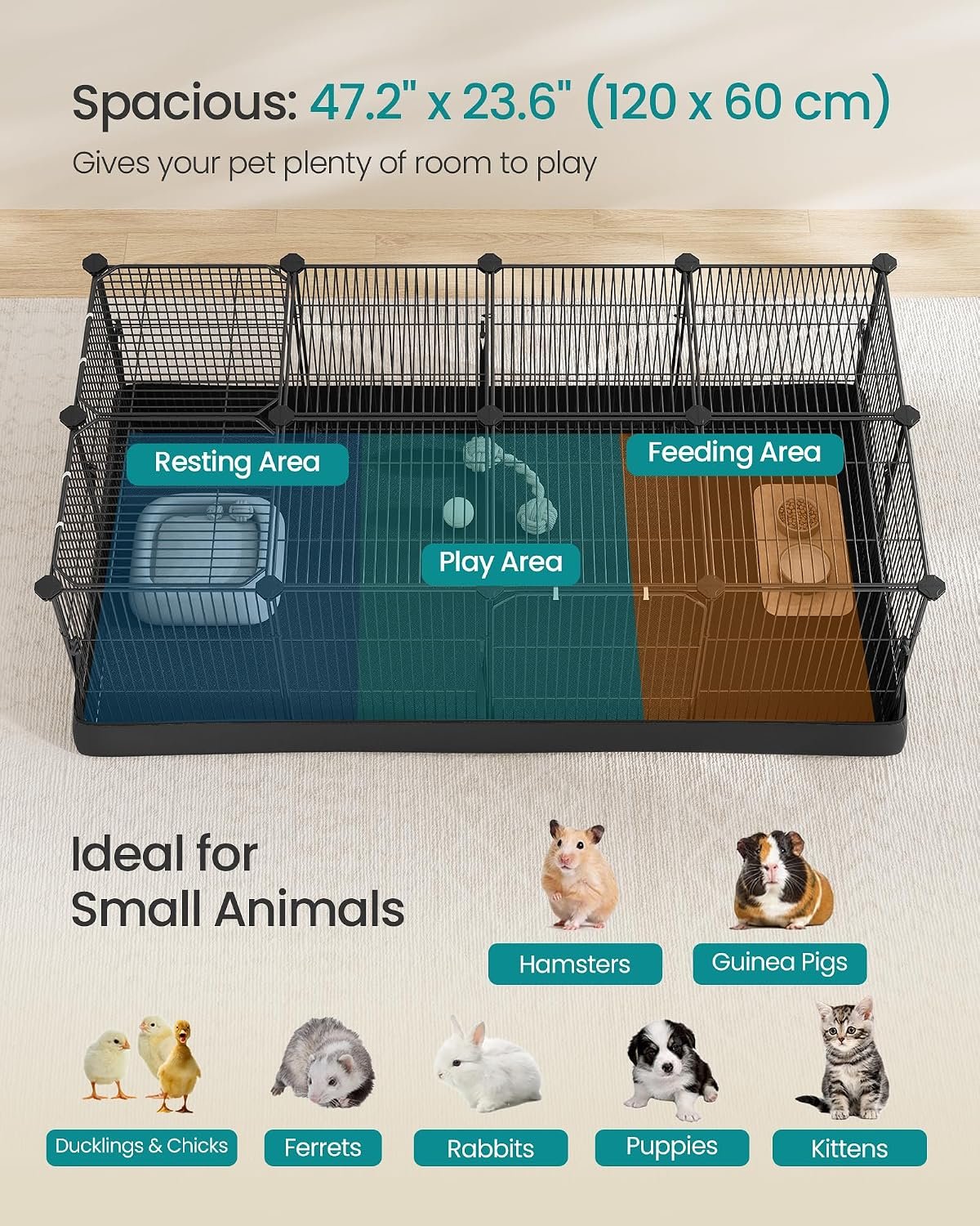 SONGMICS Guinea Pig Cage, Rabbit Cage, Small Animal Playpen with Waterproof Mat, Top and Side Door, 20 Panels, 48.4 x 24.8 x 16.3 Inches, Ink Black ULPI012BH01 - Image 3