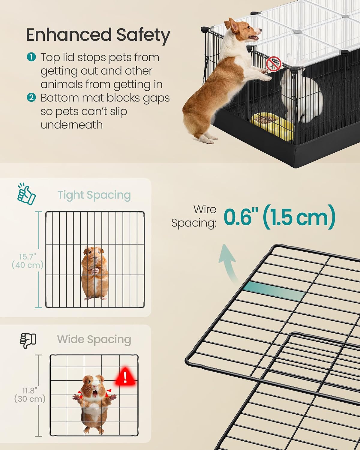 SONGMICS Guinea Pig Cage, Rabbit Cage, Small Animal Playpen with Waterproof Mat, Top and Side Door, 20 Panels, 48.4 x 24.8 x 16.3 Inches, Ink Black ULPI011BH01 - Image 4