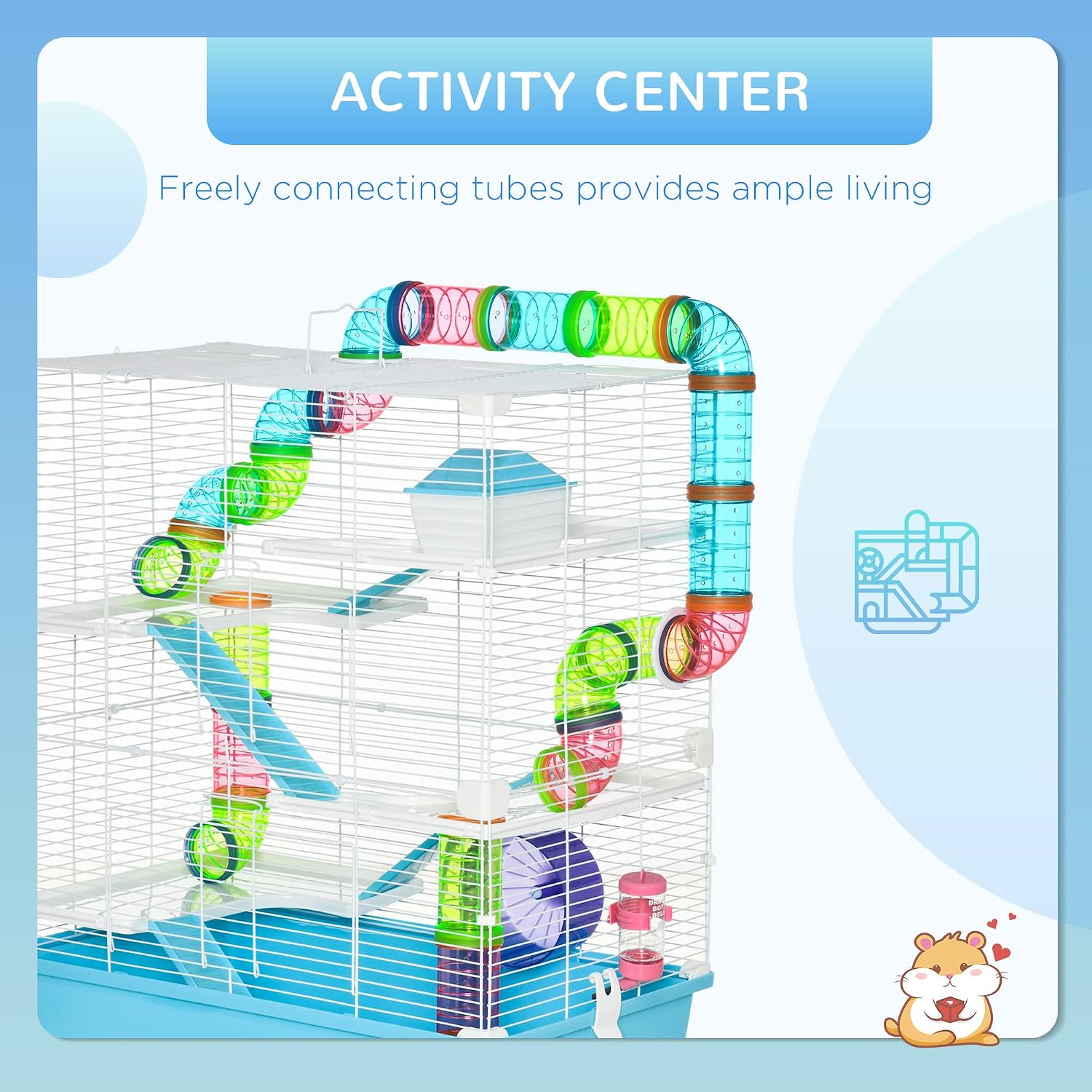 PawHut Extra Large 23" Hamster Cage with Tubes and Tunnels, Portable Carry Handles, Rat House and Habitats Big 5-Tier Design, Mouse Cage Includes Exercise Wheel, Water Bottle, Food Dish, Light Blue - Image 3