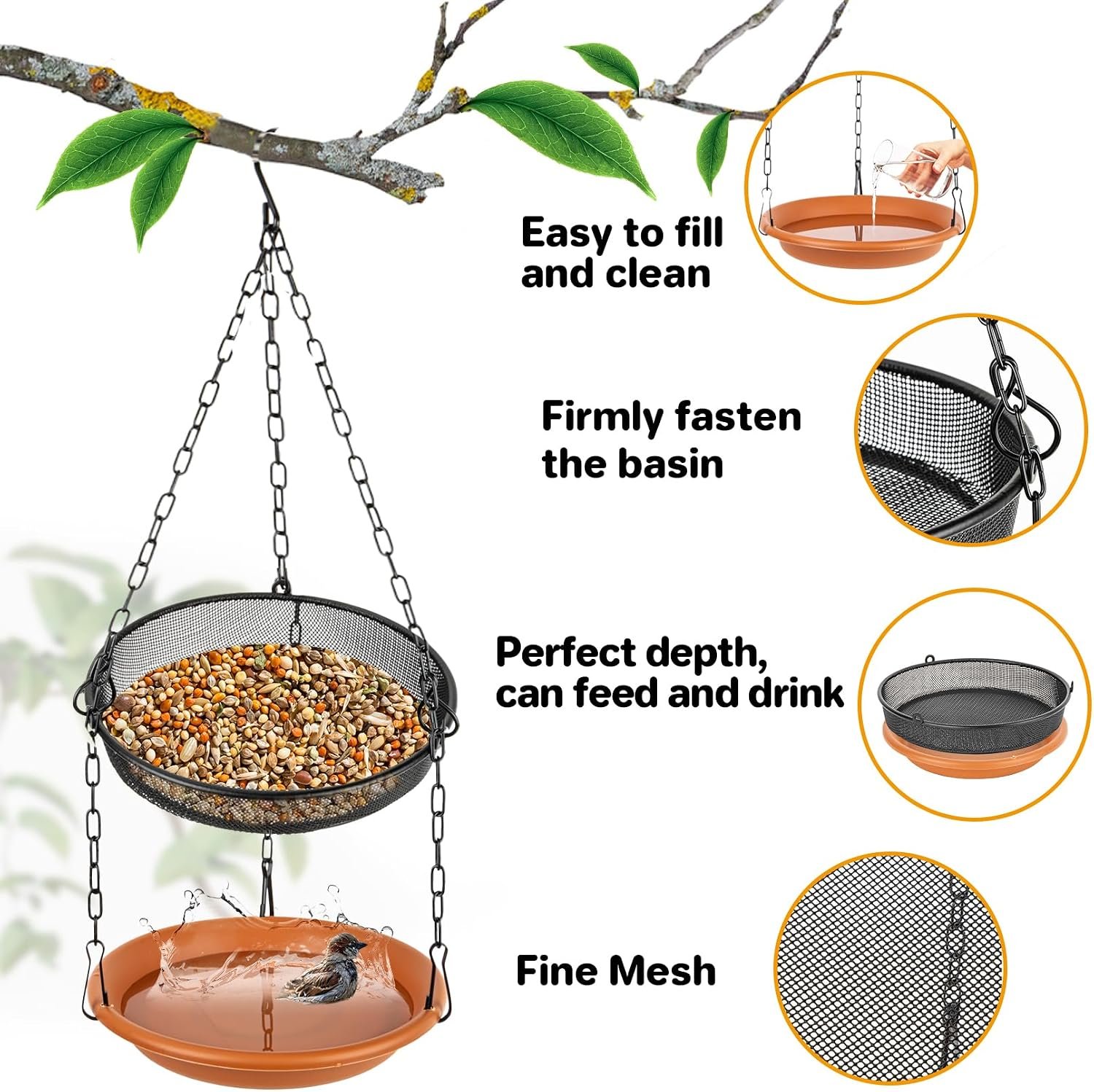 RAINFLOW Hanging Bird Bath Feeder - 2 in 1 Outdoor Water Tray for Backyard | Platform Bird Feeder for Outside Garden Patio, Attracts Wild Birds, Spring Summer Decor, Bird Lover Gift, Easy Hanging Set - Image 2