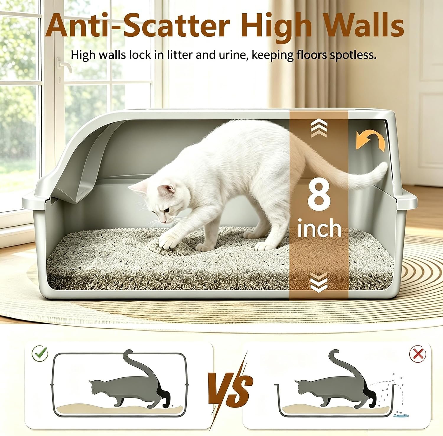 2-Pack Stainless Steel Litter Box Large Easy Clean 2-Scoop Included | Anti-Tracking Step, Odor-Resistant, Rust-Proof, Scratch-Resistant, Non-Slip Pads, Easy Clean, Rolled Safety Edges, Non-slip - Image 6