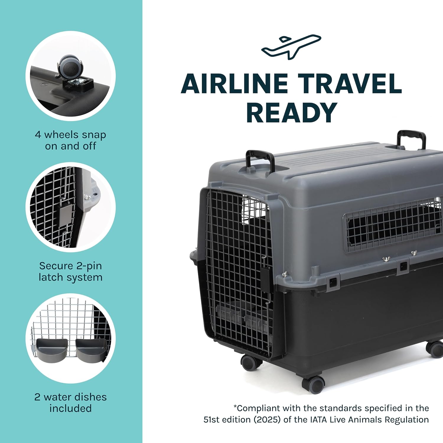 SportPet Airline Compliant LARGE 31.5" Travel Dog Kennel- Durable Plastic Airline Pet Carrier w/ Removable Wheels & Food Bowls, Collapsible Indoor/Outdoor Dog Kennel, Dogs up to 28"L & 20"H-Dark Gray - Image 6