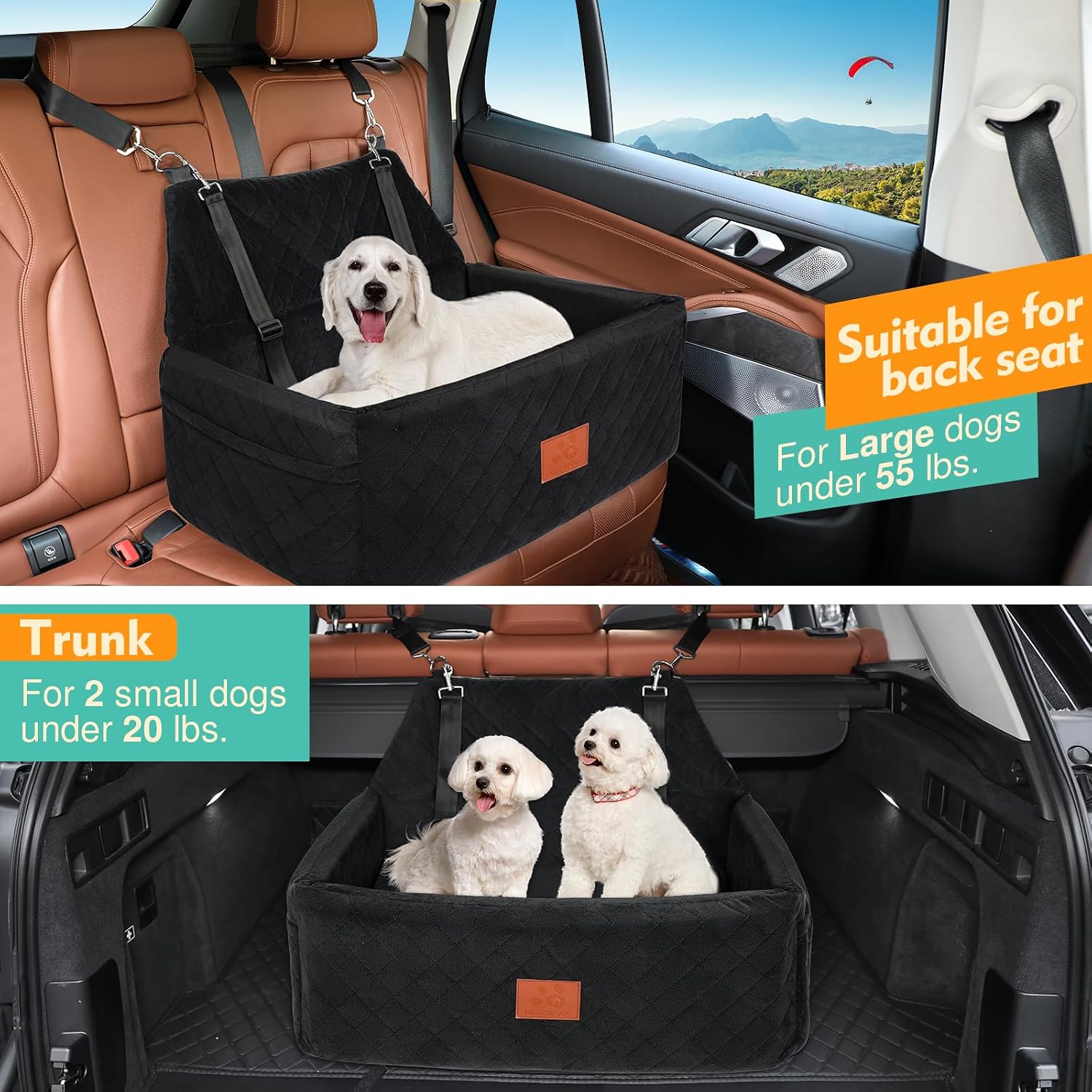 NEEZUKAR Dog Car Seat for Large Medium Dogs,Portable Washable Pet Car Seat Under 55 lbs,Dog Booster Seat with Thick Cushion,2 Safety Leashes Travel Car Dog Bed - Image 4