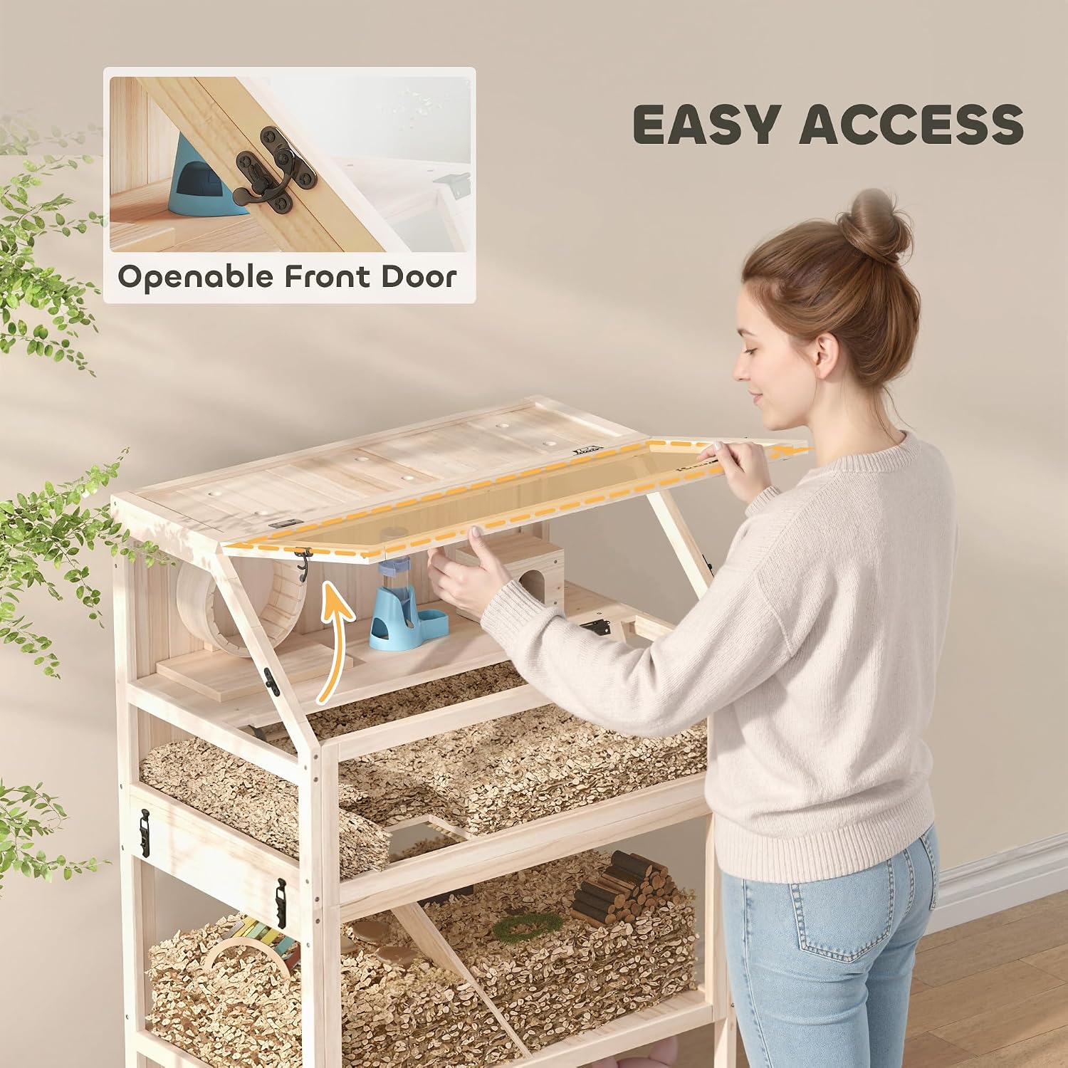 PawHut Wooden Hamster Cage, 3 Tier Small Animal Cage with Detachable Lower Floor, Storage Shelf, Hut, Seesaw, Exercise Wheel, Ramps, Hamster Habitat for Dwarf, Gerbil, 31.5" x 21" x 46" - Image 9