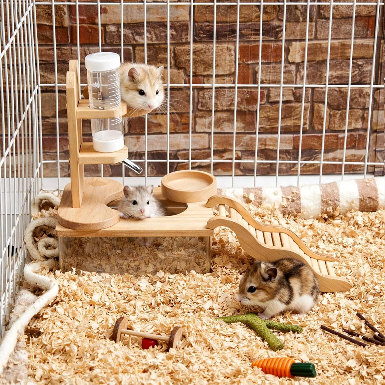4 Pcs Hamster Cage Accessories Acrylic Sand Bath Box Feeding Bowl Water Bottle Set Hamster Climbing Toy Wooden Ladder Bridge Set for Rat Mice Small Animals Habitat(Rectangle) - Image 2