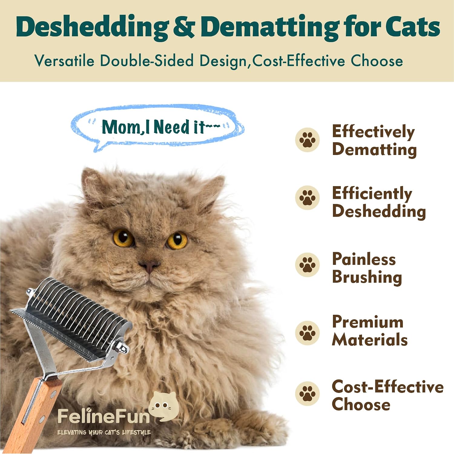 FelineFun Cat Brush for Dematting & Deshedding, 2 in 1 Undercoat Rake, Efficiently Remove Loose Hair & Matted Fur, Professional Shedding Comb for Indoor Cats & Long Haired Cats - Image 2
