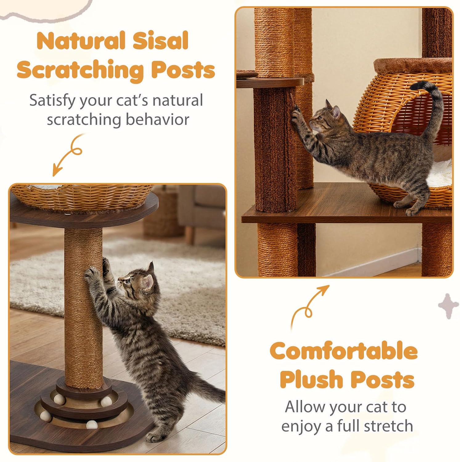 PETSITE 59.5-inch Tall PE Rattan Cat Tree, Multi-Level Modern Wooden Cat Tower with Sisal Scratching Posts, Ball Track Toy, Comfy Condo with Removable Soft Pads, and Hanging Ball, Ideal for Indoor Cat - Image 6