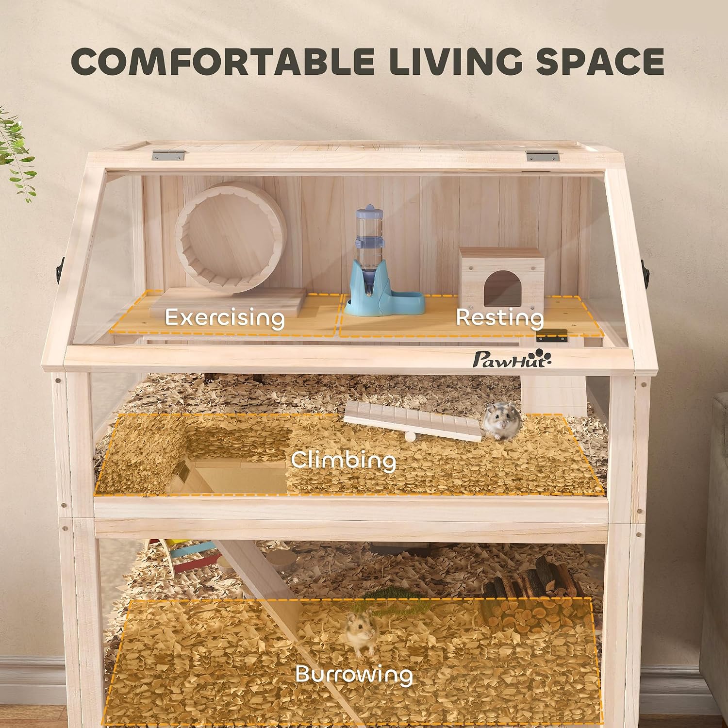 PawHut Wooden Hamster Cage, 3 Tier Small Animal Cage with Detachable Lower Floor, Storage Shelf, Hut, Seesaw, Exercise Wheel, Ramps, Hamster Habitat for Dwarf, Gerbil, 31.5" x 21" x 46" - Image 3