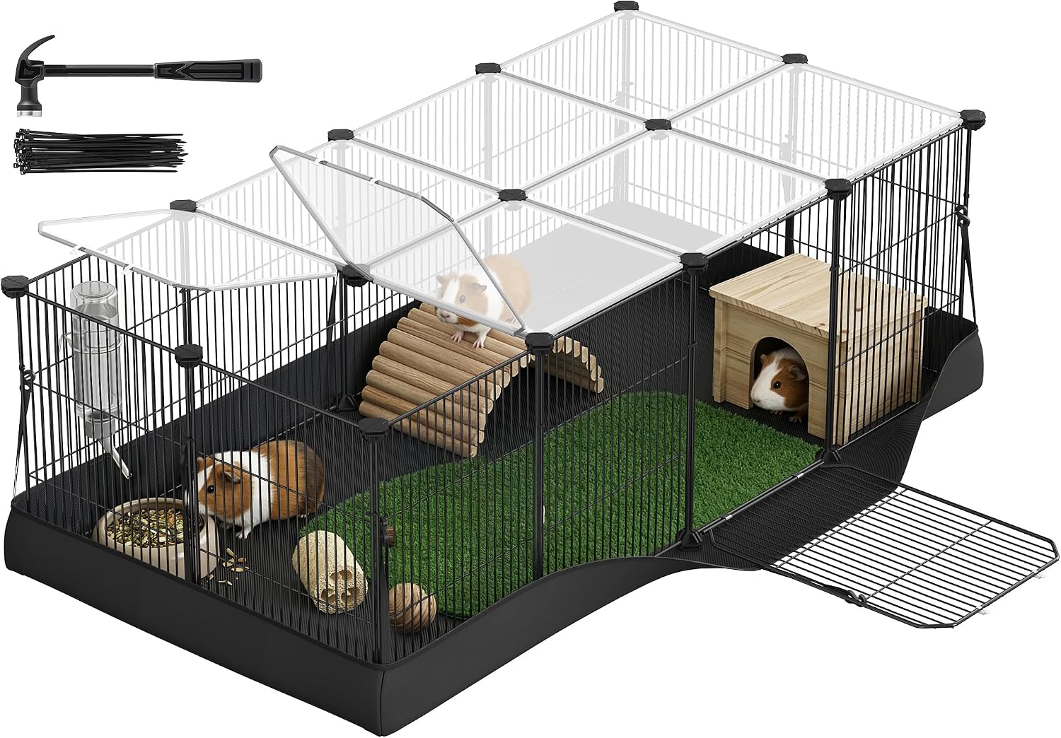 SONGMICS Guinea Pig Cage, Rabbit Cage, Small Animal Playpen with Waterproof Mat, Top and Side Door, 20 Panels, 48.4 x 24.8 x 16.3 Inches, Ink Black ULPI011BH01