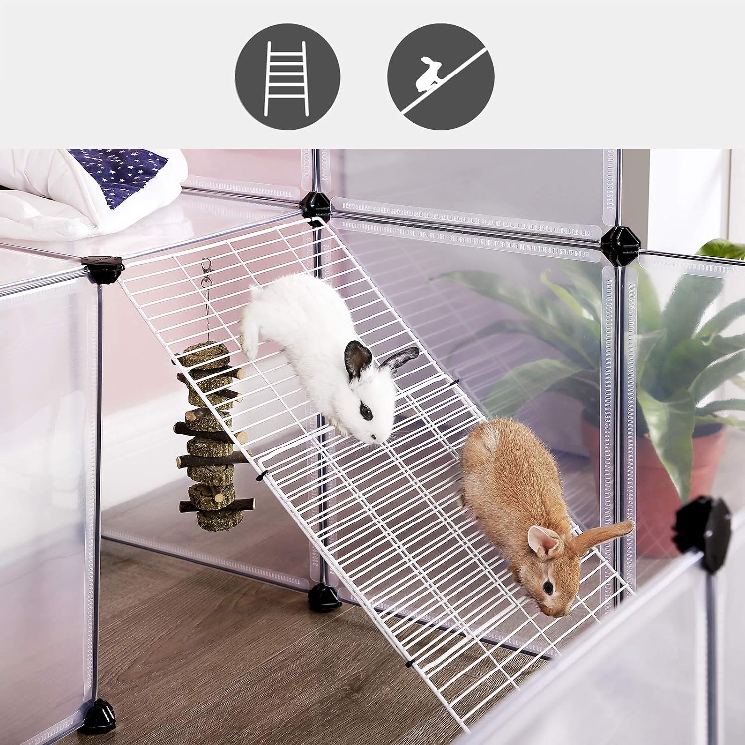 SONGMICS Guinea Pig Playpen with Dense Ramp, Indoor Rabbit Run Hutch Cage, Large Exercise Enclosure with Stairs, DIY Plastic Modular Fence for Hamster, Pet, Small Animals, White ULPC004W01 - Image 7