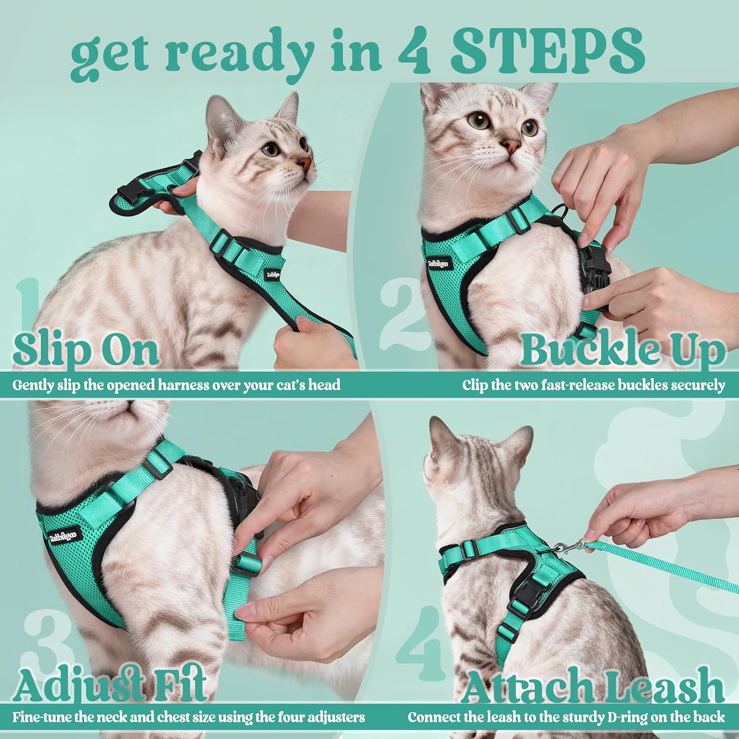 rabbitgoo Cat Harness and Leash Set, Escape Proof Vest, Emerald | Soft Breathable Mesh, Easy Adjustable Fit, Snap Buckles, Sturdy Clip, Reflective Strips, for Small & Average Cats Walks, Xs - Image 8