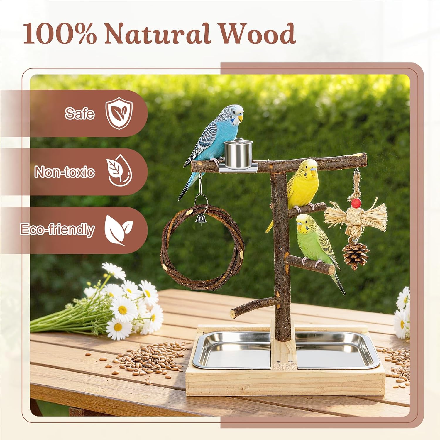 Bird Playground,Natural Wooden Parrot Play Stand with Swing,Chew Toys,Feeding Cups,Bird Perch Suitable for Small and Medium Birds Like Parakeets, Budgerigars,Cockatiels - Image 3