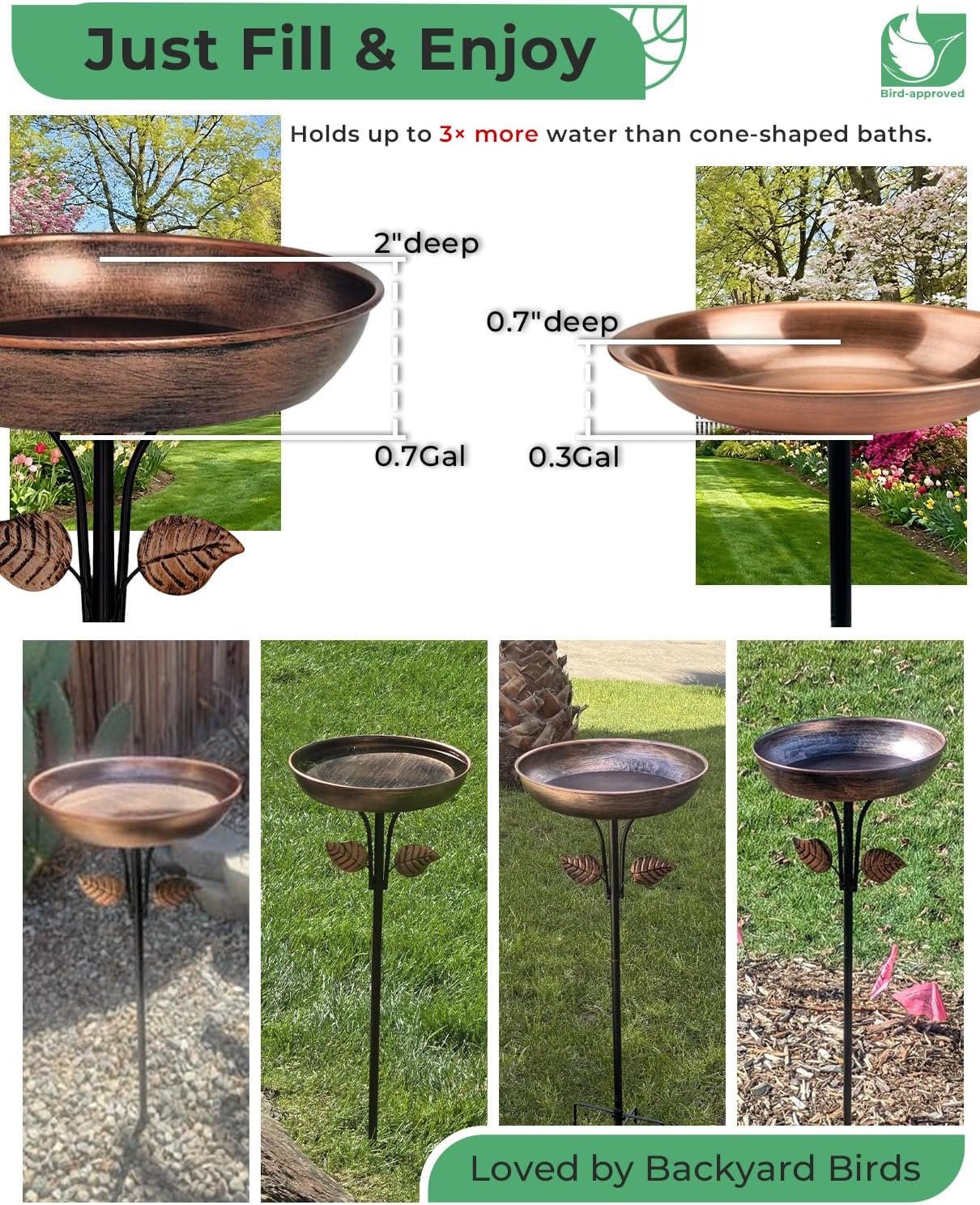 Metal Bird Bath for Outdoors, 12" Dia Bowl with Stable Upgrades Stake Birdbaths Garden Yard Lawn Decor 0.7 Gallon - Image 3