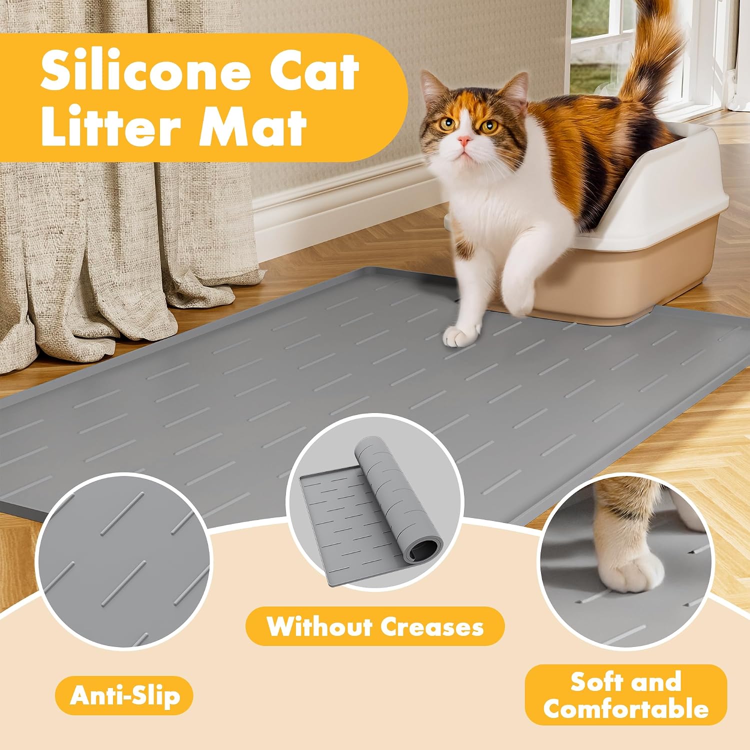 Pieviev Silicone Cat Litter Trapping Mat, 34''x22'' Large Cat Litter Mat, Easy to Clean & Soft on Kitty Paws, Waterproof Kitty Litter Pads for Indoor Cats, Light Grey - Image 4