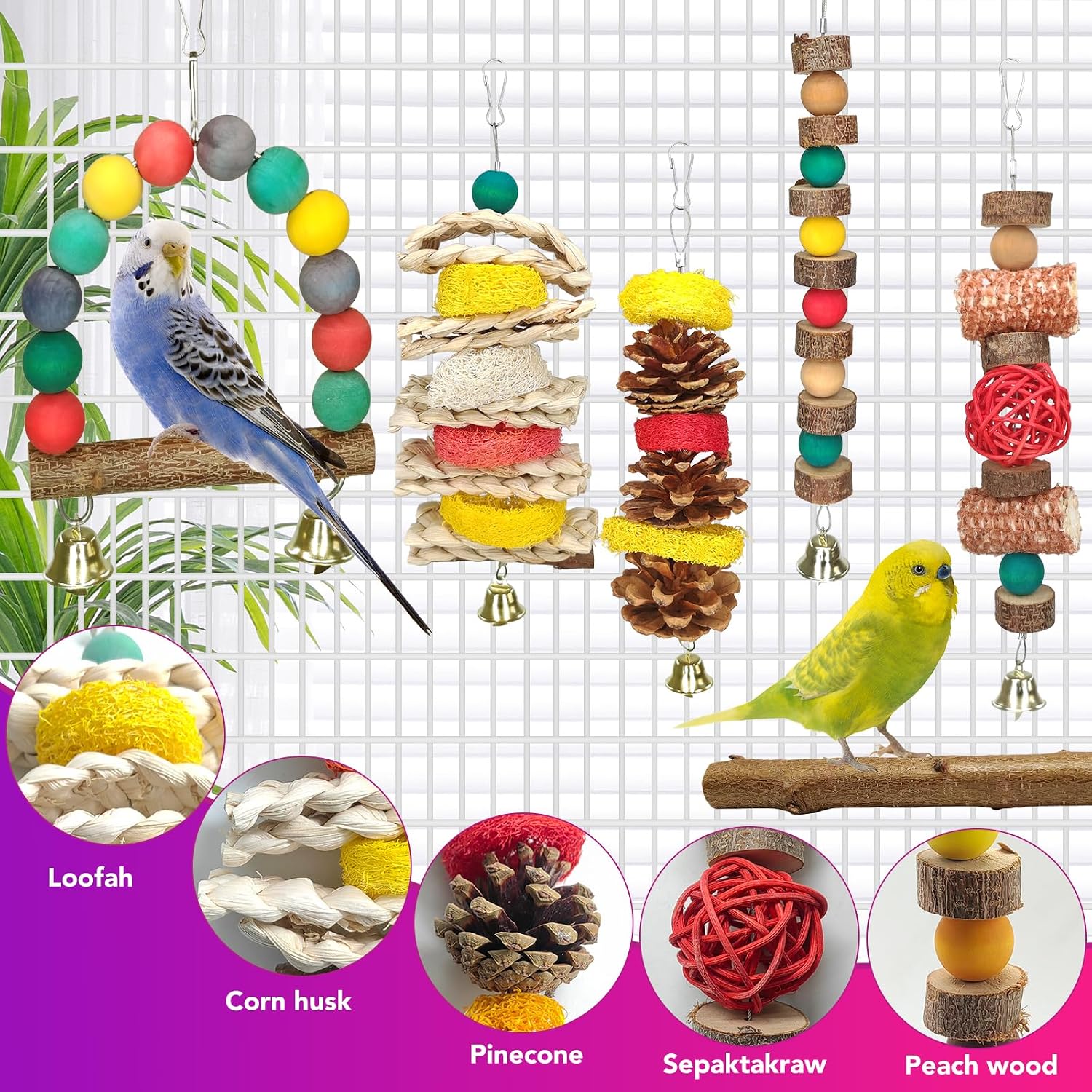 JOREWOOD 7 Pcs Natural Wood Bird Toy & Perch for Parakeets, Cockatiel & Lovebird, Budgie Play Accessory for Small Parrots Indoor Cage - Image 5