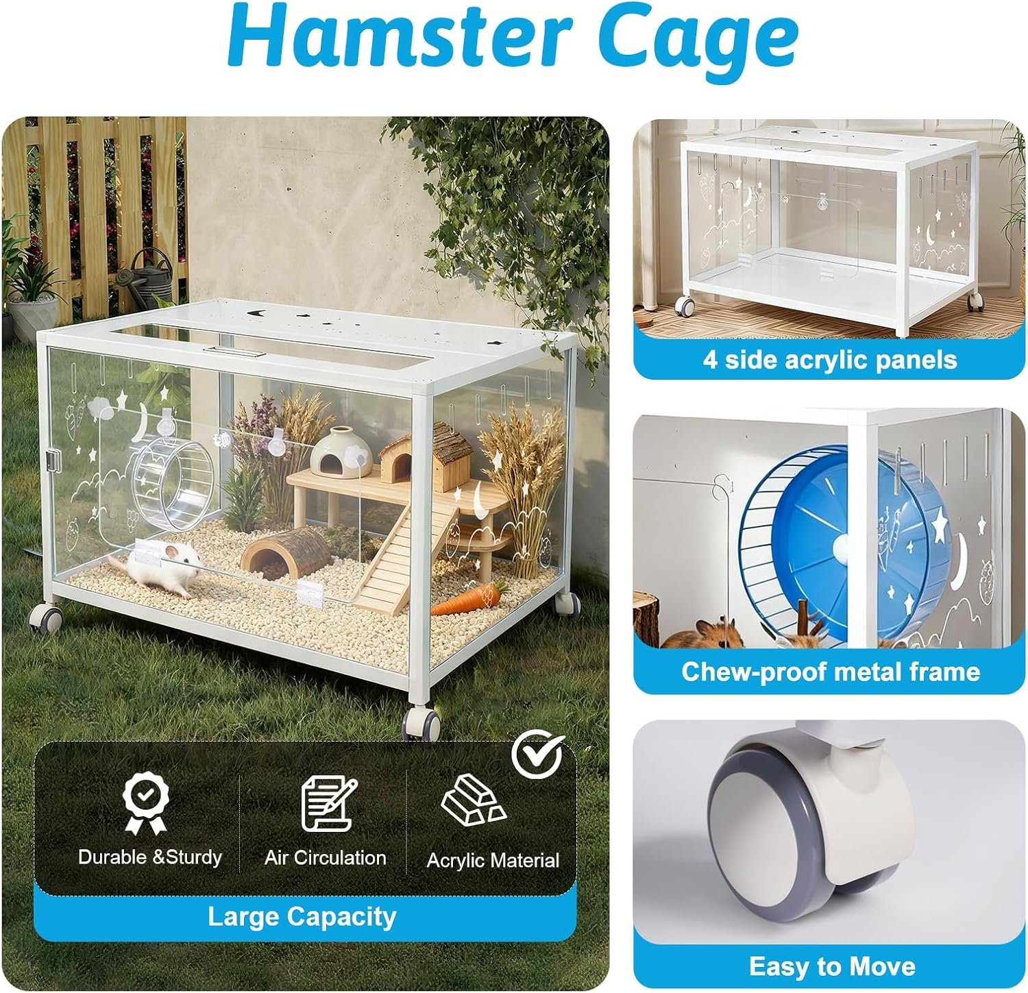Large Hamster Cage, Hamster Habitat 360° Viewing Guinea Pig Cages Hamster Tank with 2 Door and Wheels Small Animal Habitat for Syrian Dwarf Gerbils Rats Guinea Pigs - Image 2
