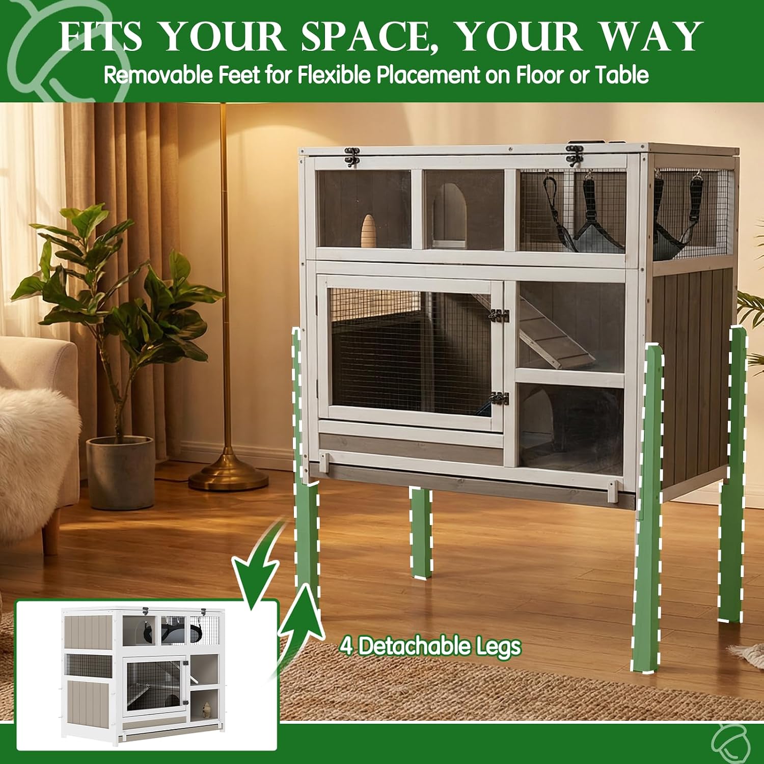 Large Guinea Pig Cages, 3-Story Indoor Guinea Pig Habitats with Stand, Hedgehog Cage Rabbit Hutch with Pull-Out Tray, Flip-Open Roof, Cozy Hammock - Image 5