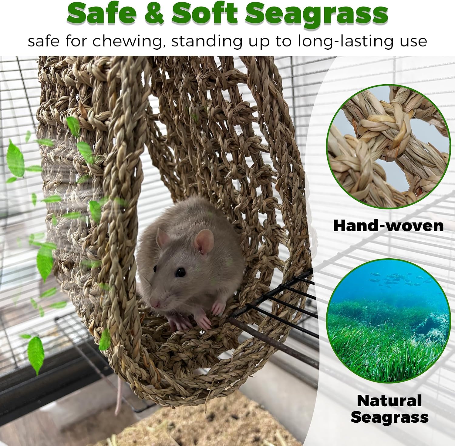30x7inch Rat Climbing Toys for Cage, Chewable Natural Seagrass Mat | with Metal Hooks, Soft Fall Breakers for Rats, Rat Ladder Bridge Toy with Mild Grassy Scent, Rodent Hammock Cage Accessories - Image 3