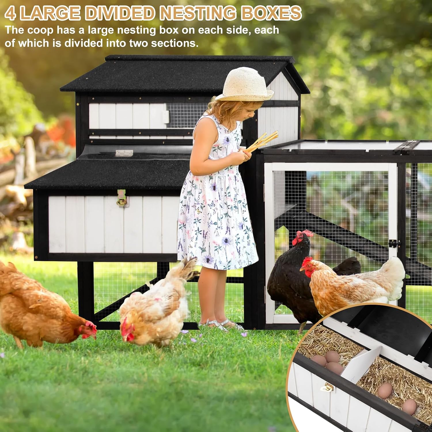 PetsCosset 116" L Large Chicken Coop and Run, Hen House with 4 Nesting Box Boxes, Rabbit Hutch Poultry Bunny Cage for 4-6 Chickens with 4 Perches, Removable Tray and Ramp and UV-Resistant Roof Panel - Image 6