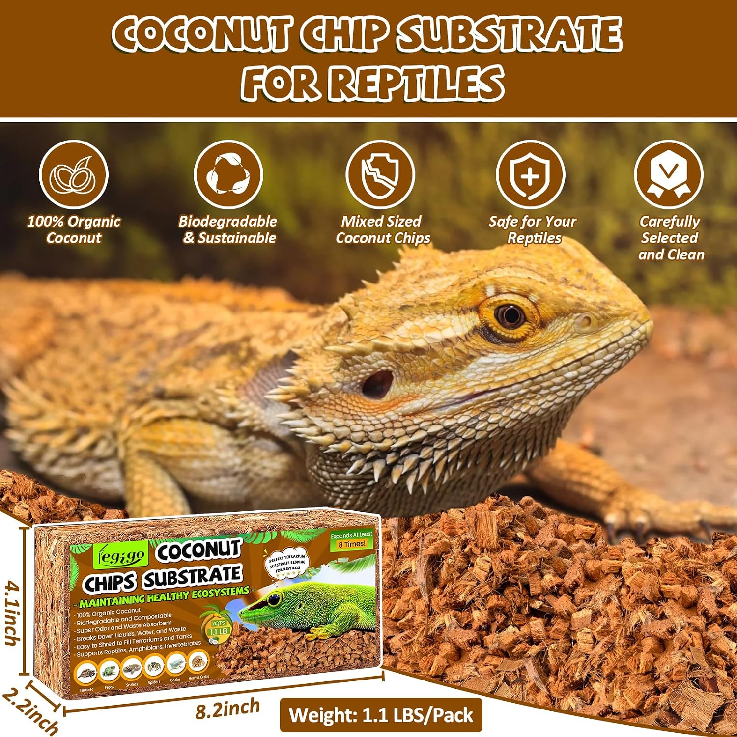 Legigo 2 Pack Coconut Chip Substrate for Reptiles, Natural Coco Husk Chip Reptiles Bedding, Compressed Coconut Chip Substrate for Snake, Tortoise, Ball Python, Gecko, Lizard Terrarium Tanks - Image 2