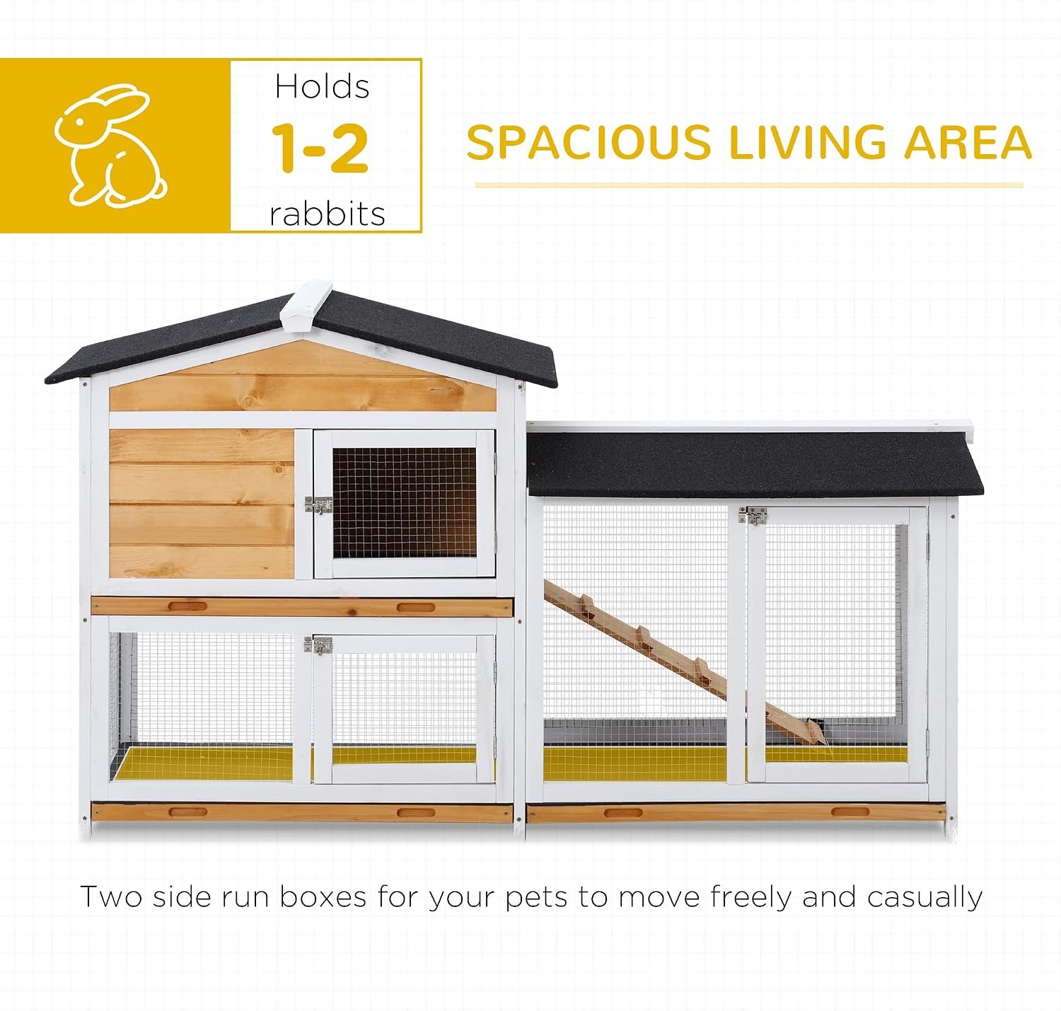 PawHut 62" Rabbit Hutch, Wooden Bunny Hutch, Guinea Pig Cage, Small Animal Enclosure with Run Area, Removable Tray, Asphalt Roof, Lockable Doors and Ramp, Nature Wood | Wooden Bunny Hutch, Guinea Pig Cage, Small Animal Enclosure, Removable Tray, Asphalt Roof, Lockable Doors, Ramp for Ducks - Image 4