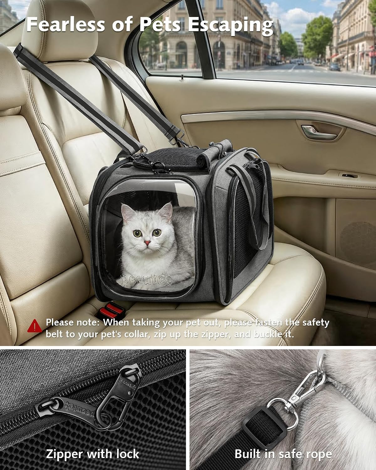 Pecute Cat Carrier with Bubble Window & Sunshade for Dogs Cats, Gray M | Dual bubble windows & top sunshade, 70% more airflow mesh, Impact-resistant stable frame, Locking zippers, Fits up to 11 lbs - Image 7