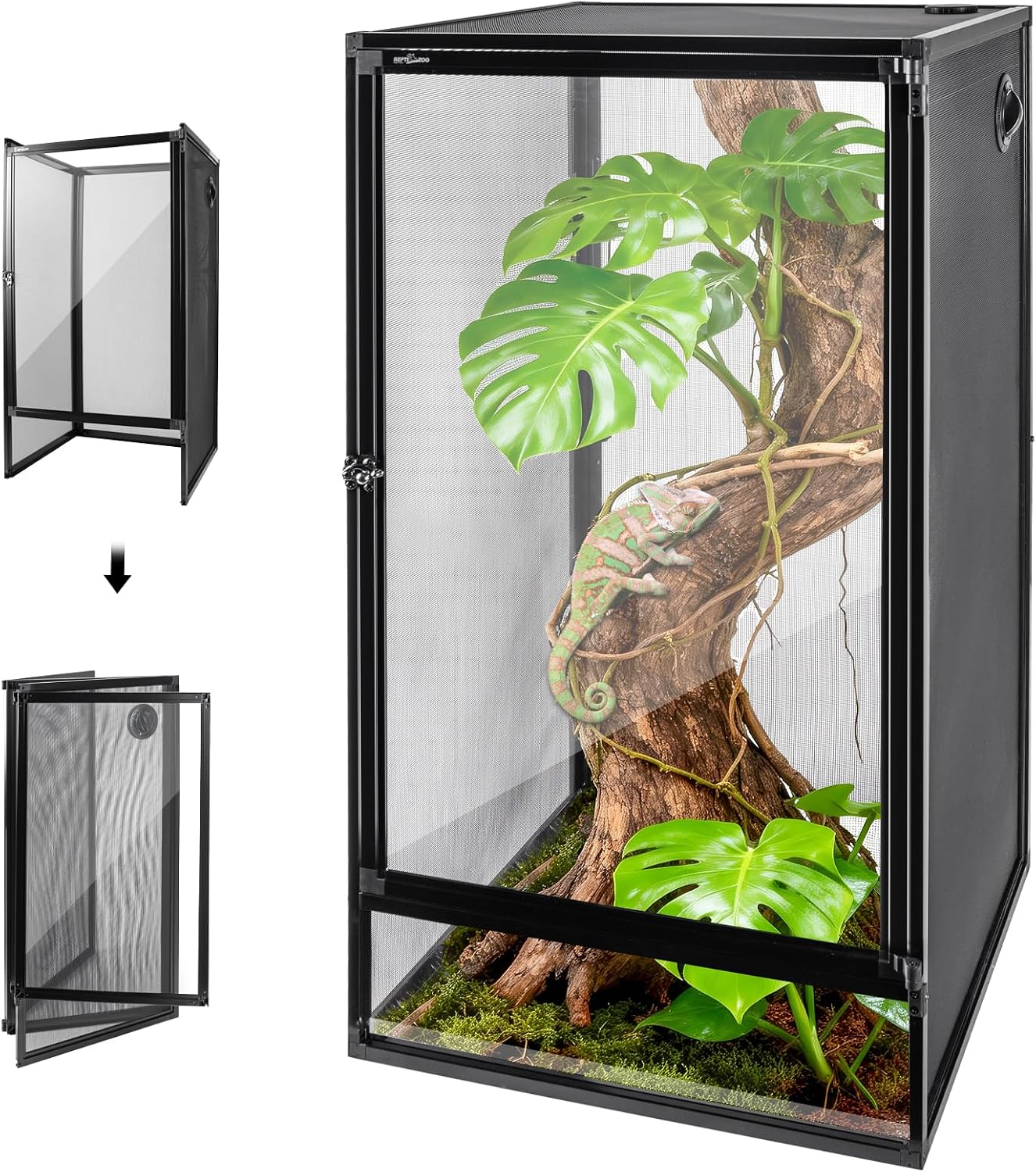 REPTI ZOO 18" x 18" x 36" Reptile Tank, Deluxe Foldable Screen Cage, 50 Gallon Vertical Terrarium with Fogger & Cable Pass, Tall Enclosure for Chameleon, Tree Frog, Crested Gecko, Arboreal Reptiles