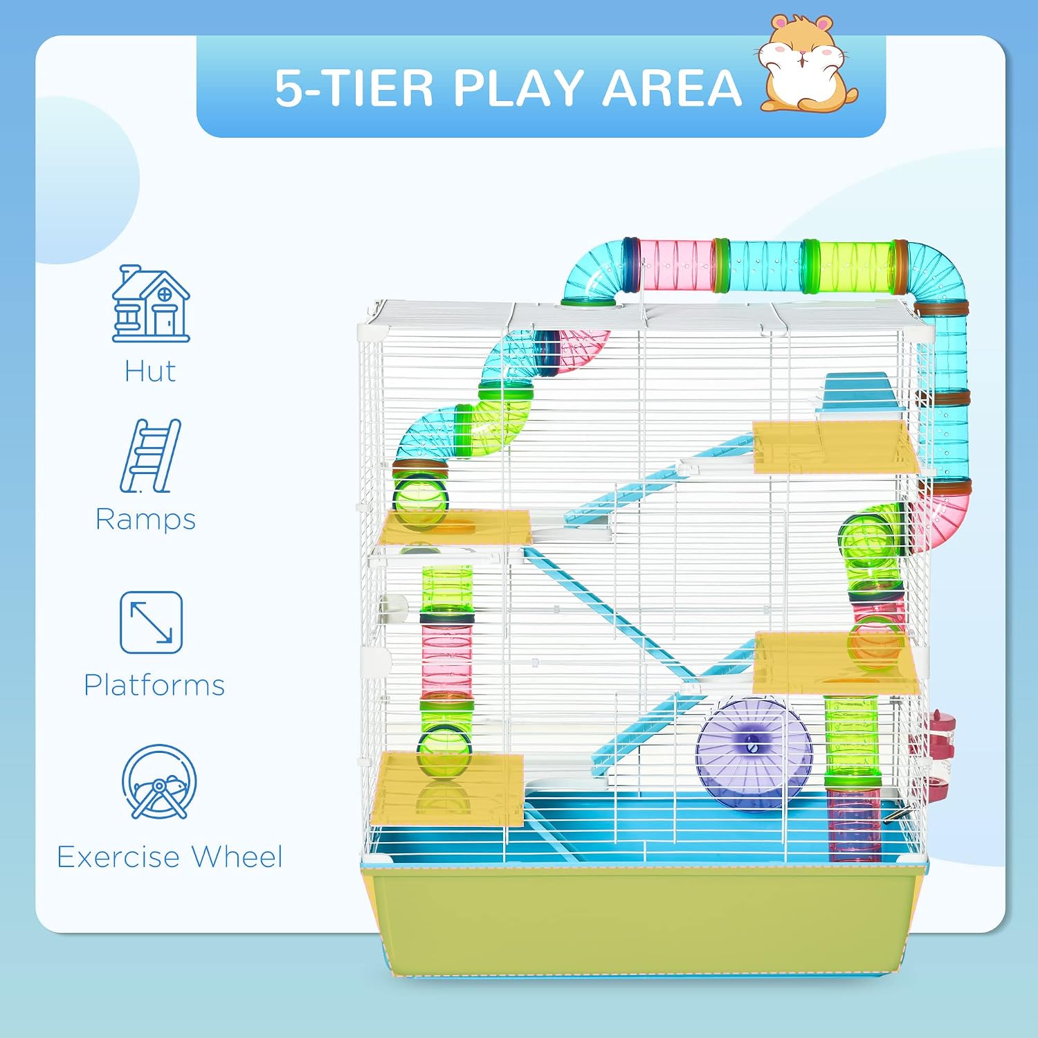PawHut Extra Large 23" Hamster Cage with Tubes and Tunnels, Portable Carry Handles, Rat House and Habitats Big 5-Tier Design, Mouse Cage Includes Exercise Wheel, Water Bottle, Food Dish, Light Blue - Image 5