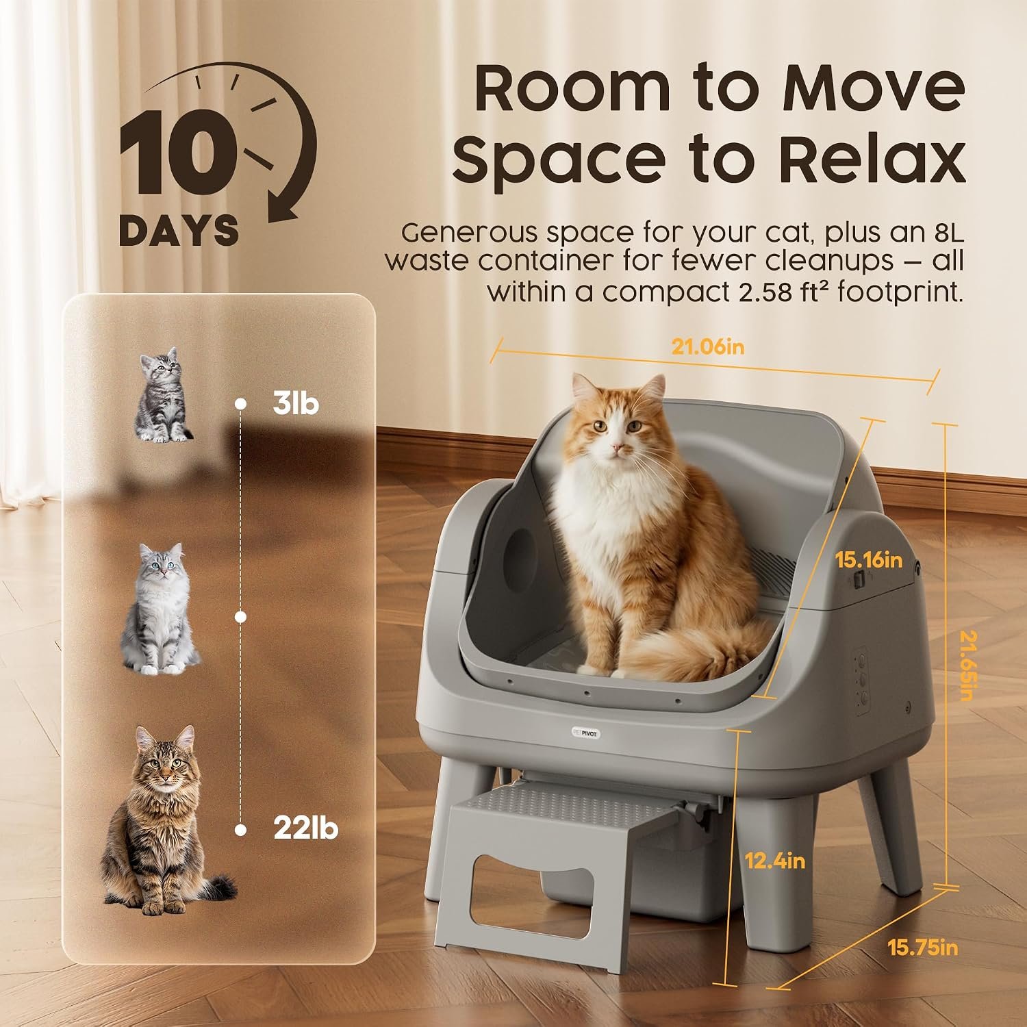 PetPivot Open Top Self Cleaning Cat Litter Box, Automatic Litter Box with 7 Pairs of Safety Sensors, Anti-Pinch Protection and Easy Access Step for Senior Cats, Dark Grey - Image 5