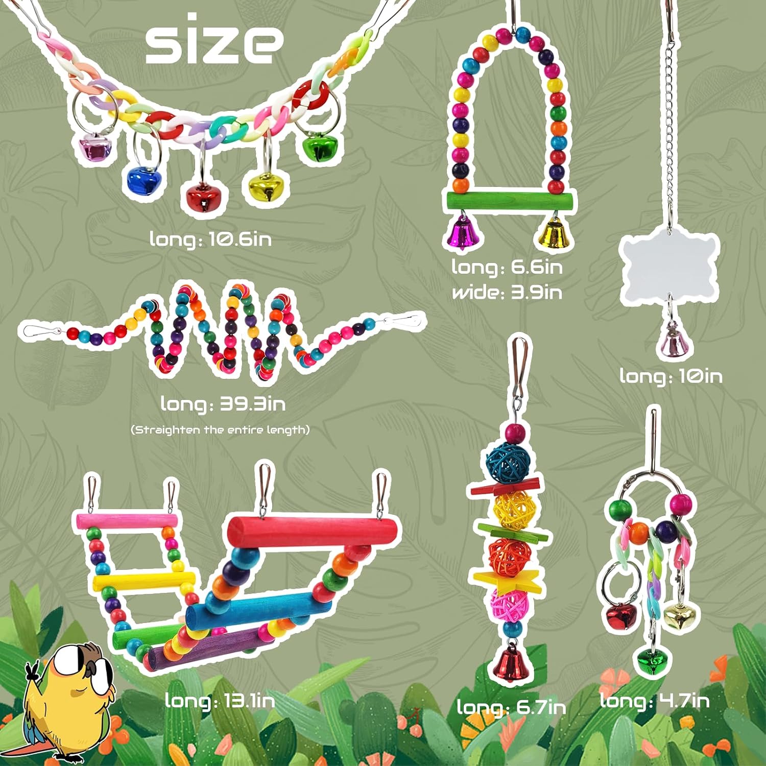 Parakeet Toys,7 Pcs Colorful Bird Toys for Parakeets,Pet Bird Cage Hammock Swing Climbing Ladders Chewing Toy Mirror Hanging Bell Wooden Perch for Budgerigar,Conures, Love Birds,etc - Image 2