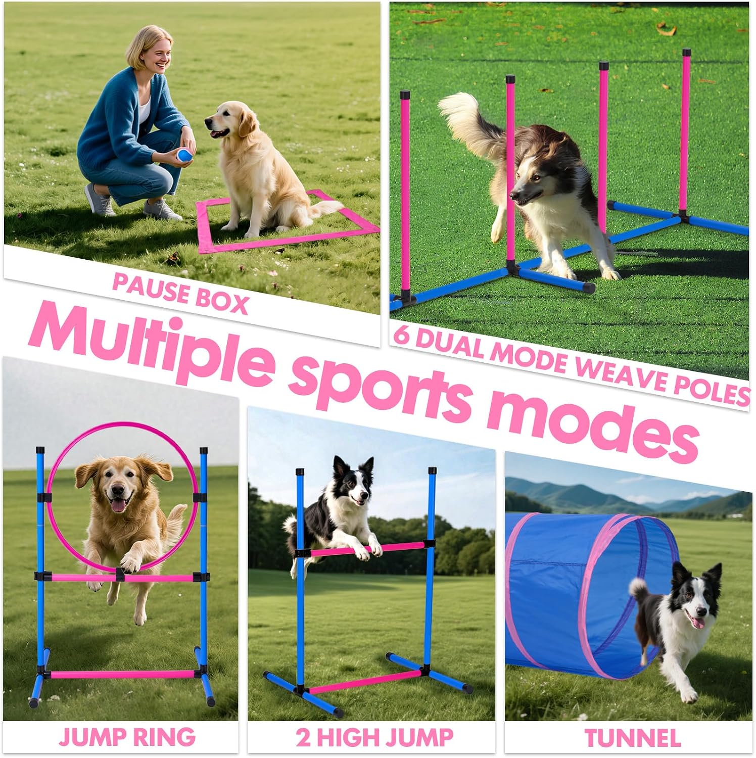 Dog Agility Course Backyard Set, Dog Agility Equipment, Pet obstacle Course Backyard with 6 Dual Mode Weave Poles, 2 Adjustable Hurdle, Jump Ring, Tunnel, Pause Box, Toy Balls and 2 Carrying Bags,Pink - Image 5