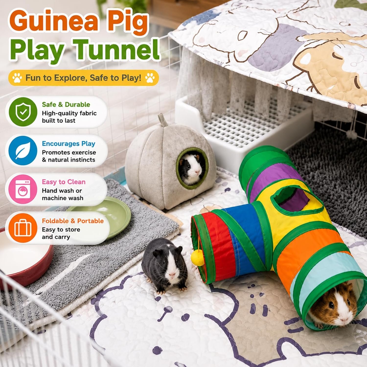 Rypet Guinea Pig Tunnel Hideout 3-Way Collapsible Small Pet Tubes, Rainbow | 3 Way Design for Exploration, Collapsible for Easy Storage, Built-in Play Ball, Hiding & Resting for Hamsters Ferrets - Image 5
