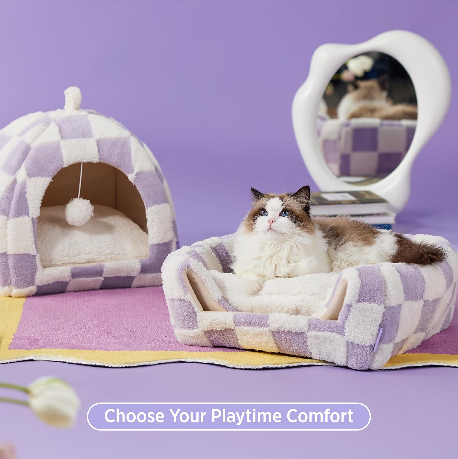 Lesure 2in1 Cute Cat House for Kitten with Washable Cushioned Pillow,16in | Cat Beds for Indoor Cats,Small Pet Cave Tent,Cozy Enclosed Foldable Hideaway,Fluffy Ball,Anti Slip Bottom,Hand Strap,Purple - Image 3