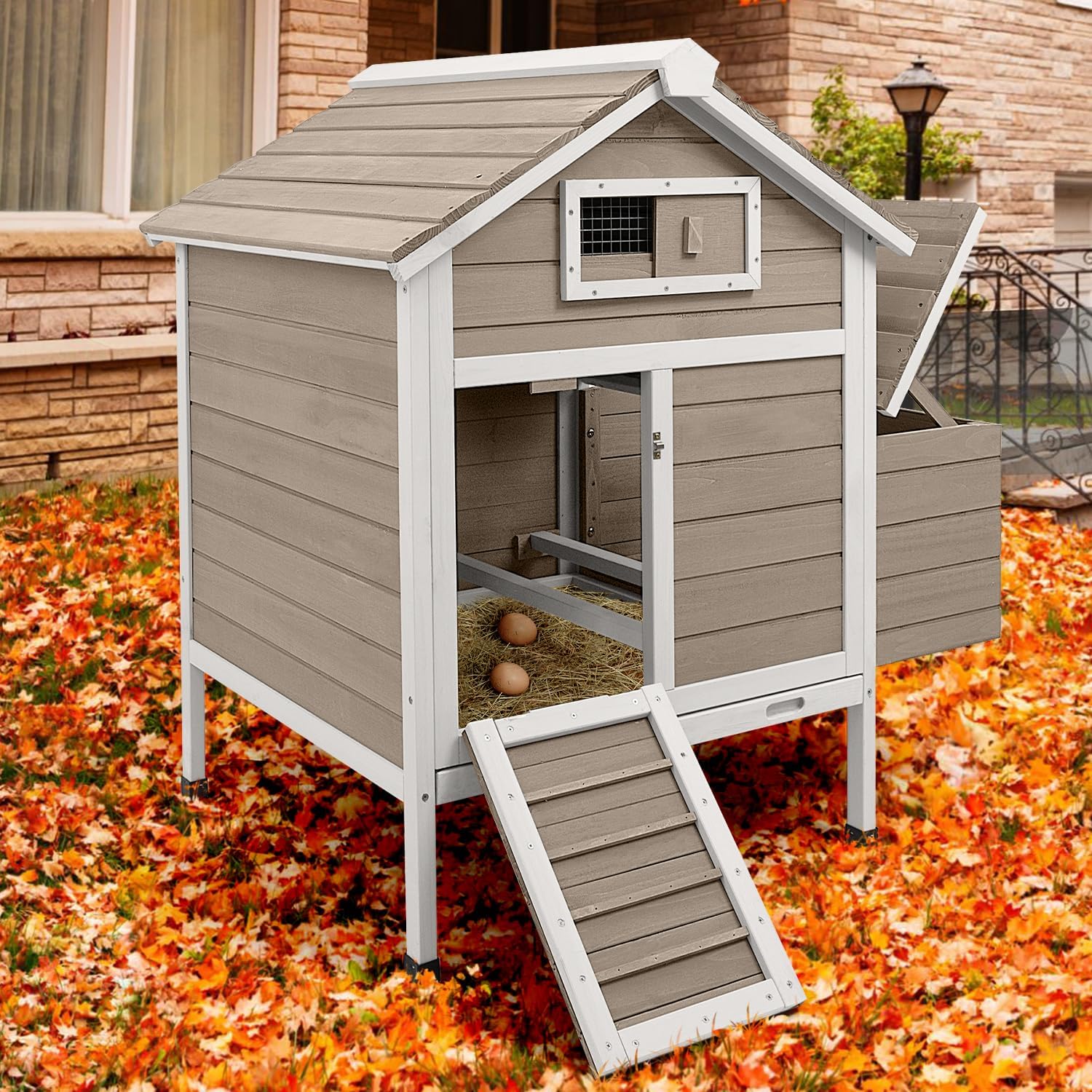 Chicken Coop Chicken House Outdoor with 2 Nesting Box, Wooden Hen Rabbit Pet House Hutch Poultry Cage with Removable Trays, Ramp (32" L x 23.6" W x 36.6" H) - Image 7