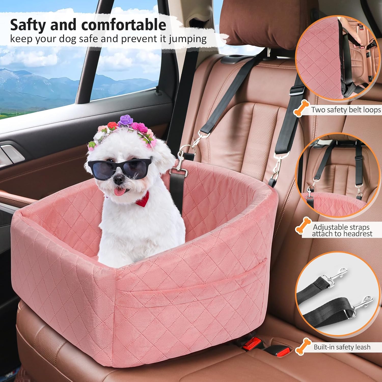 NEEZUKAR Dog Car Seat for Small Medium Dogs,Detachable Washable Dog Booster Seat Under 30lbs, Pet Car Seats Travel Bed with Storage Pockets and Safety Belt(Pink) - Image 3