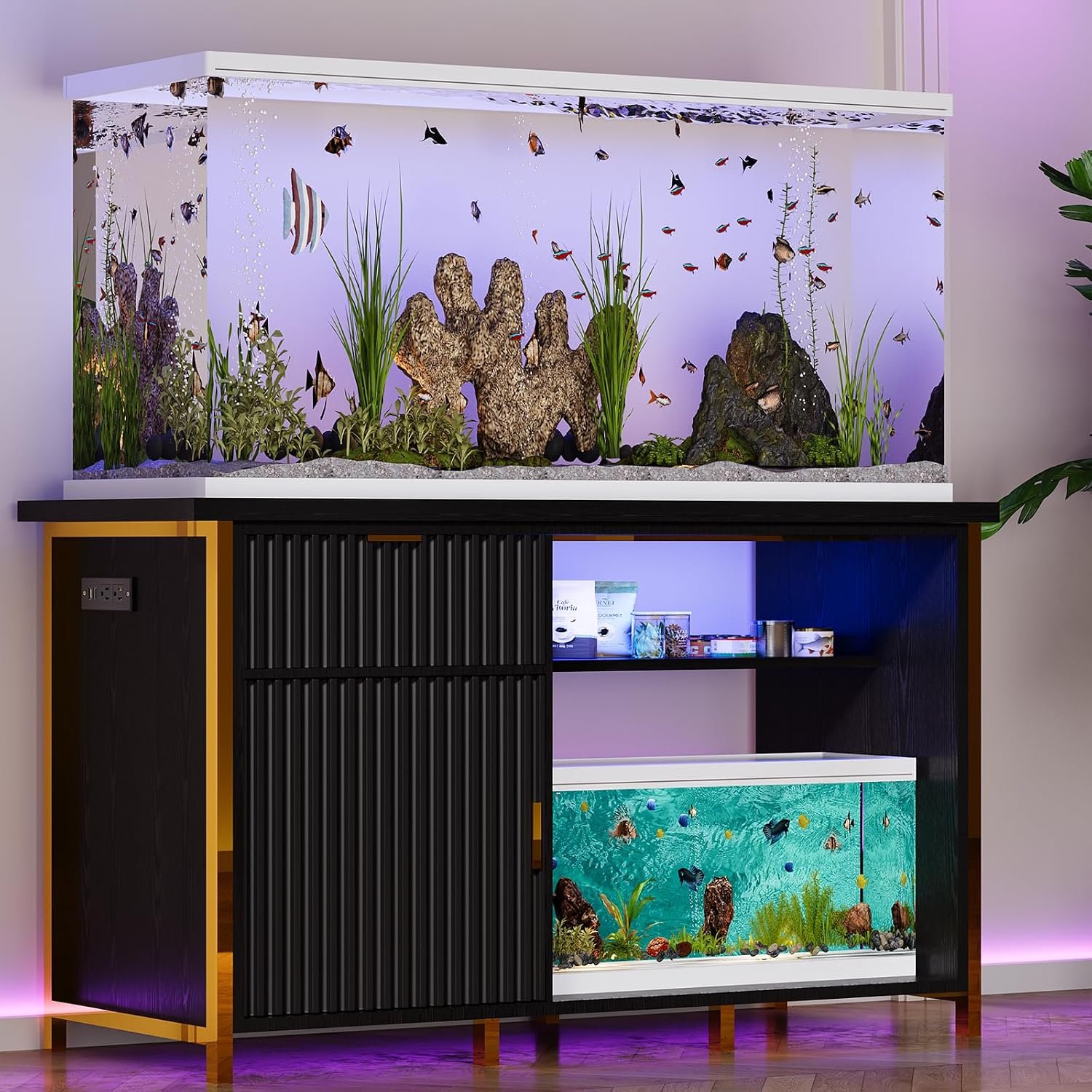 4ever2buy 55-75 Gallon Fish Tank Stand, Aquarium Stand, Black & Gold | 49 x 20 x 31.5 in, LED light, power outlets, vertical-line cabinet, 1100 lb capacity, turtle tank and terrarium stand - Image 8