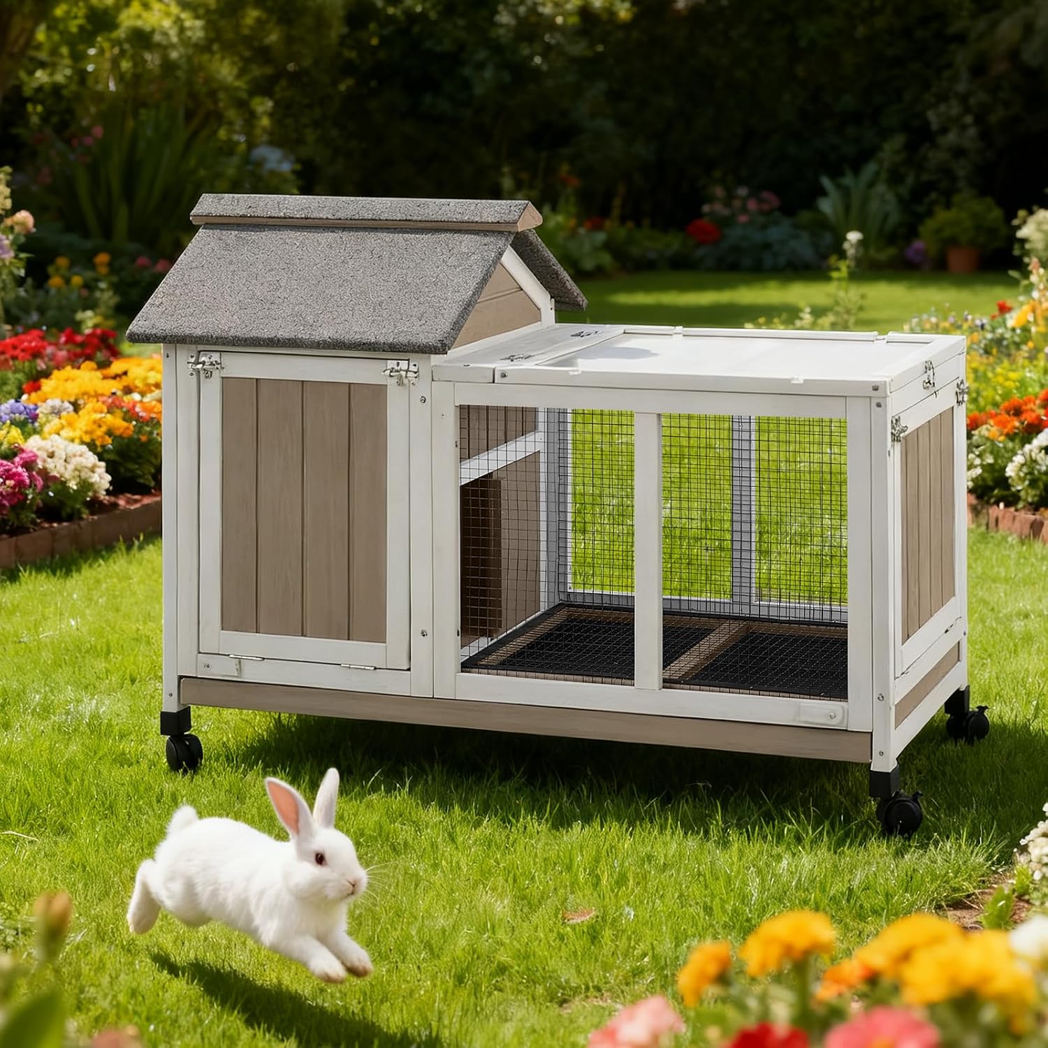 38''L Rabbit Hutch Outdoor with Wheels, Wooden Expandable 2 Story Bunny House Rabbit Cage Indoor with Run, Pull Out Tray, Waterproof Roof, Guinea Pig Cage Chicken Coop for Small to Medium Pets - Image 2